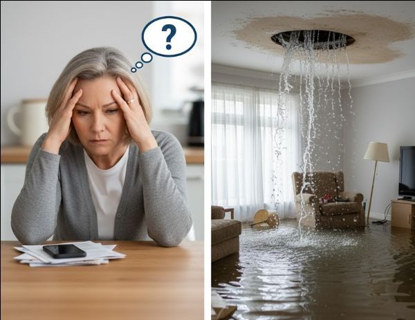 Woman with concerned expression contemplating paperwork, next to a room flooded by water from a ceiling leak.