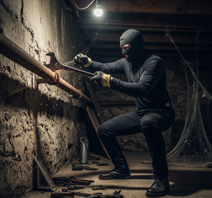 Person in black balaclava and jumpsuit, using a wrench to cut a pipe in a dark, dusty basement.