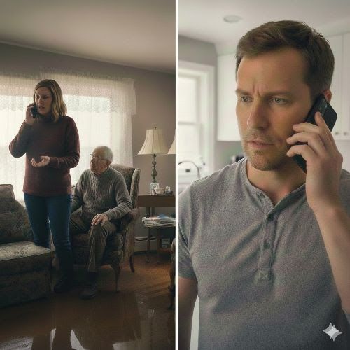 Woman on phone with elderly person, man on phone. Interior, worried expressions.