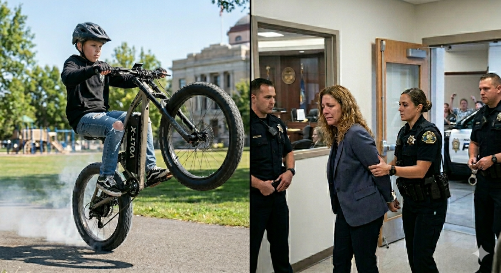 Cyclist doing a wheelie on a street; officials and police stand inside a building nearby.