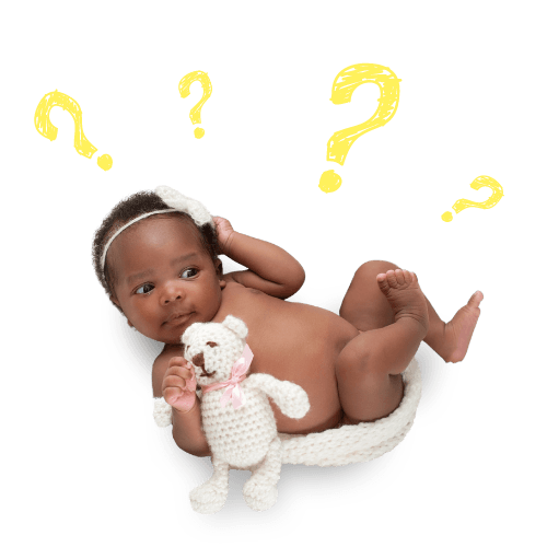 Newborn baby holding teddy bear and surrounded by question marks