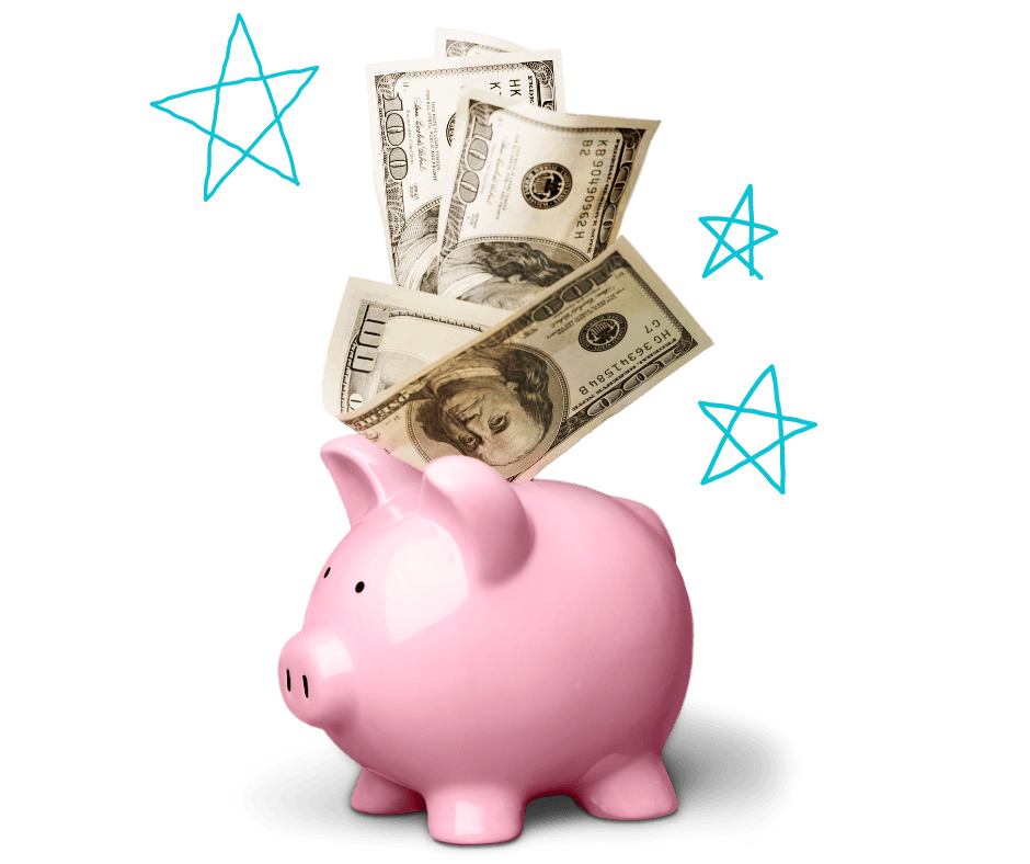piggy bank with bills and blue stars
