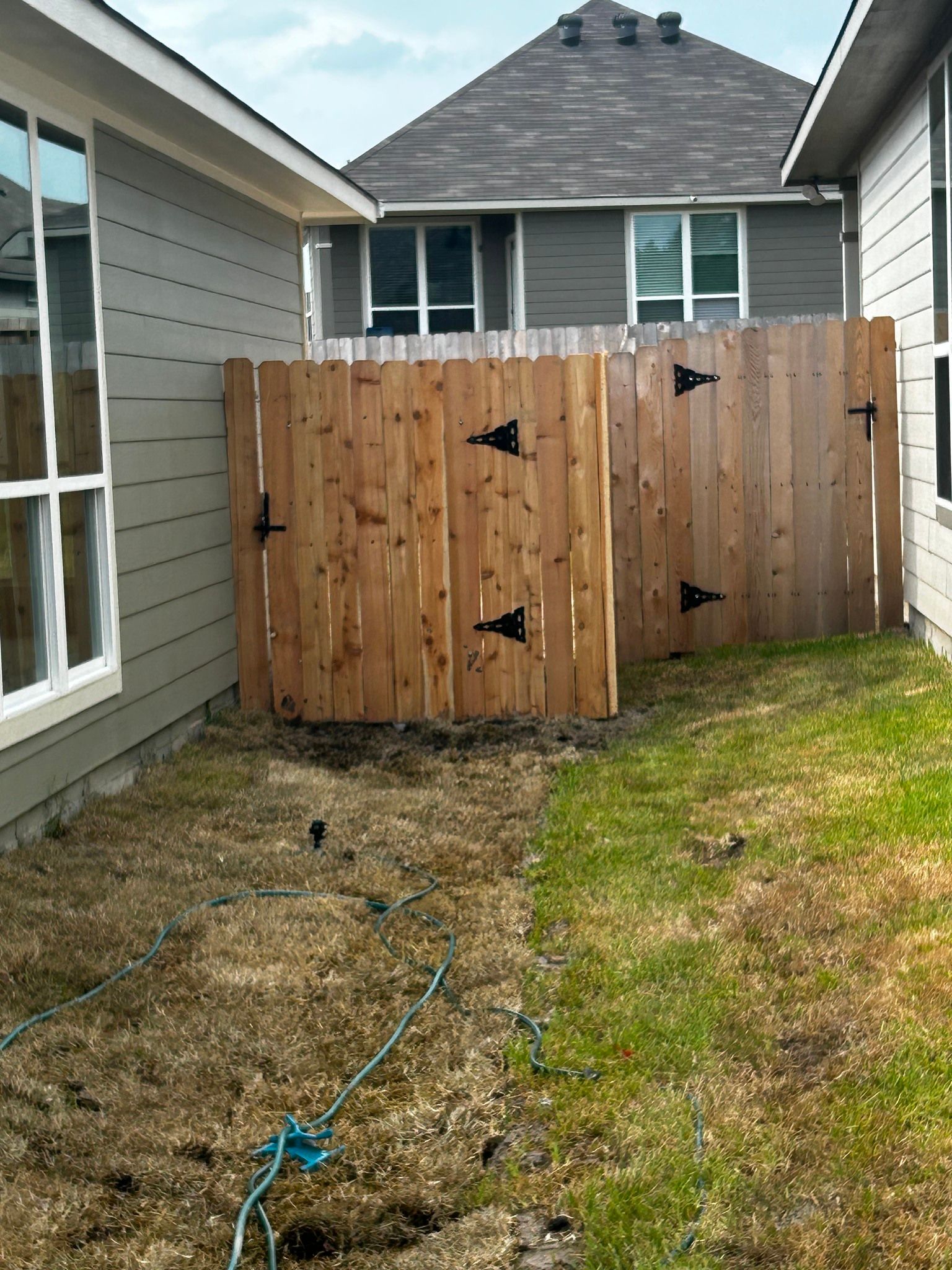 Wooden fence separating two houses with patchy grass.