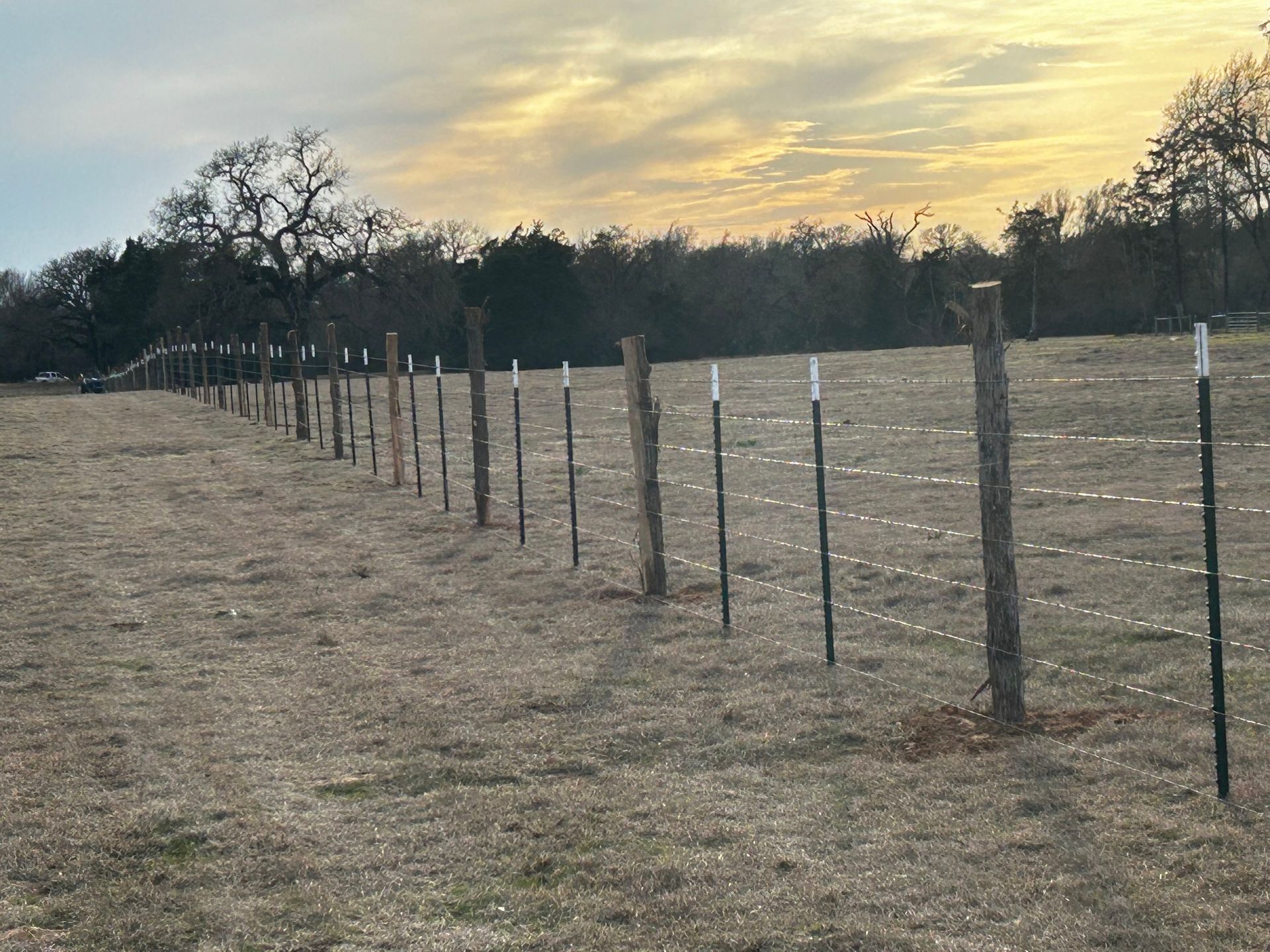 A rural fence made of wood posts and metal t-posts stretches across a field at sunset.