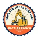 Logo for Rattler Ranch, featuring an excavator. Text reads 