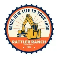 Logo for Rattler Ranch, featuring an excavator. Text reads