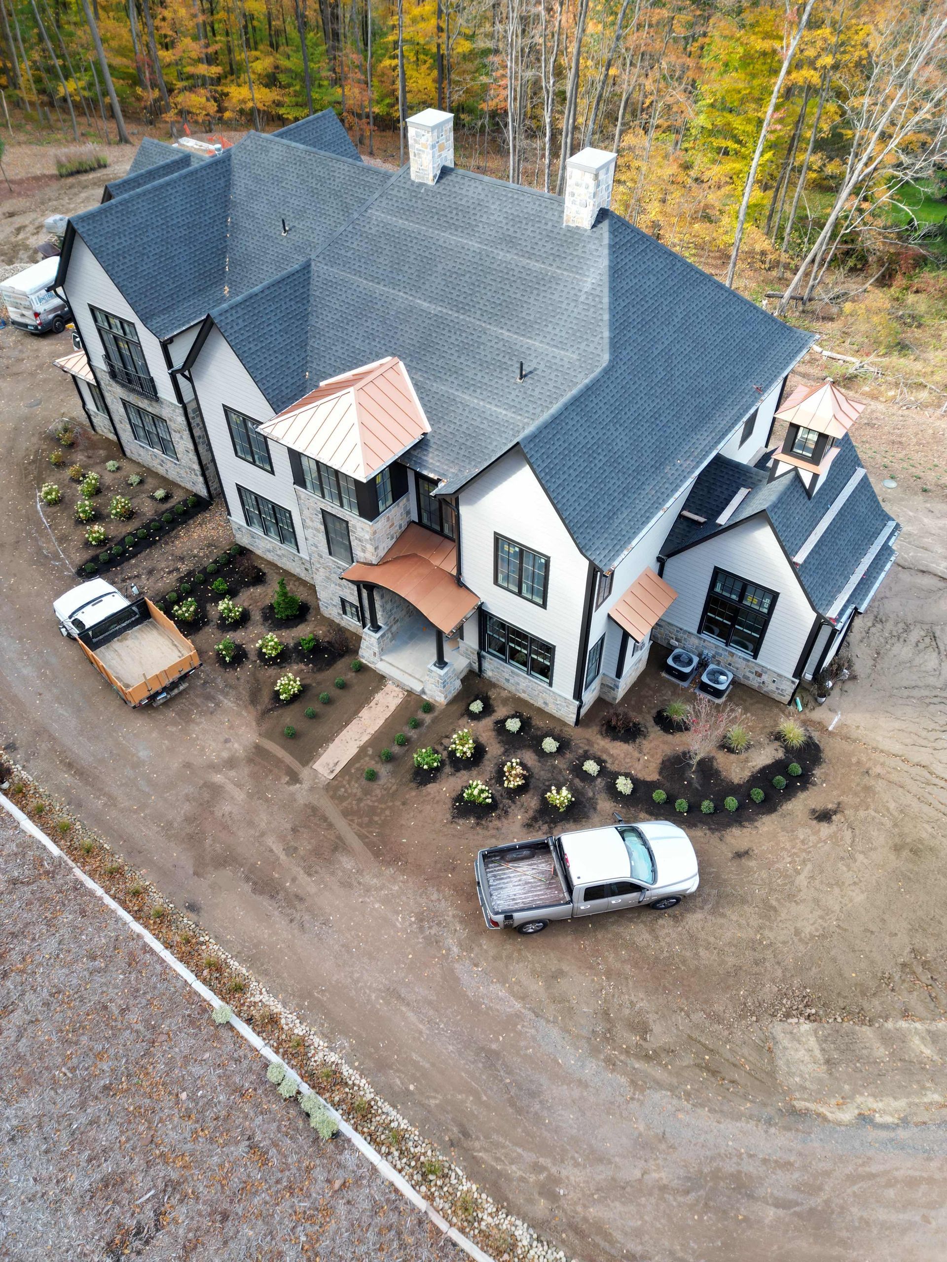 Aerial view of newly installed landscape design on Avon Mountain, Connecticut Landscape Solutions
