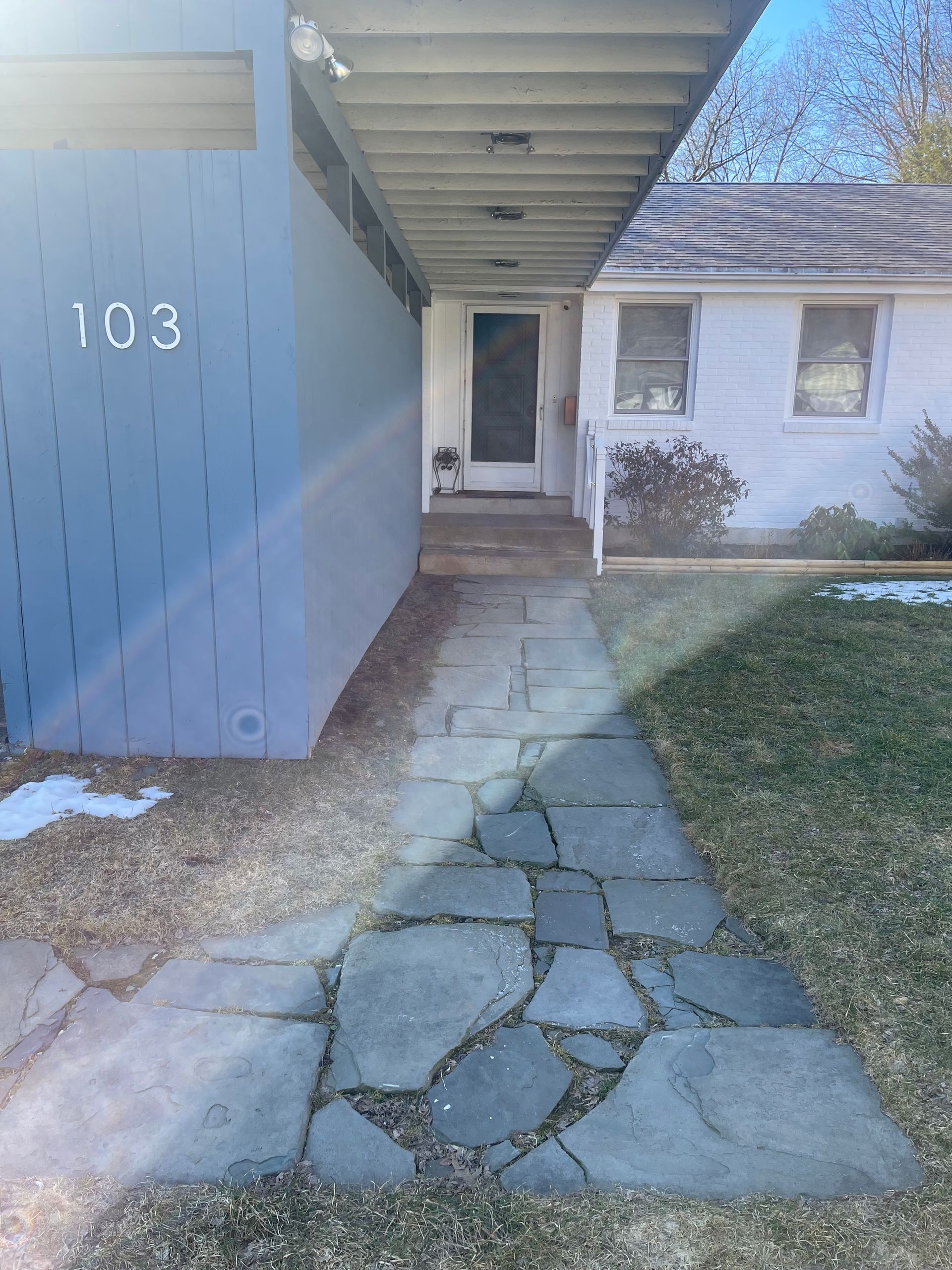 Old Patio Before Photo Replaced with Techo Bloc Blu60 Front Walkway Patio in West Hartford, Connecticut Landscape Solutions