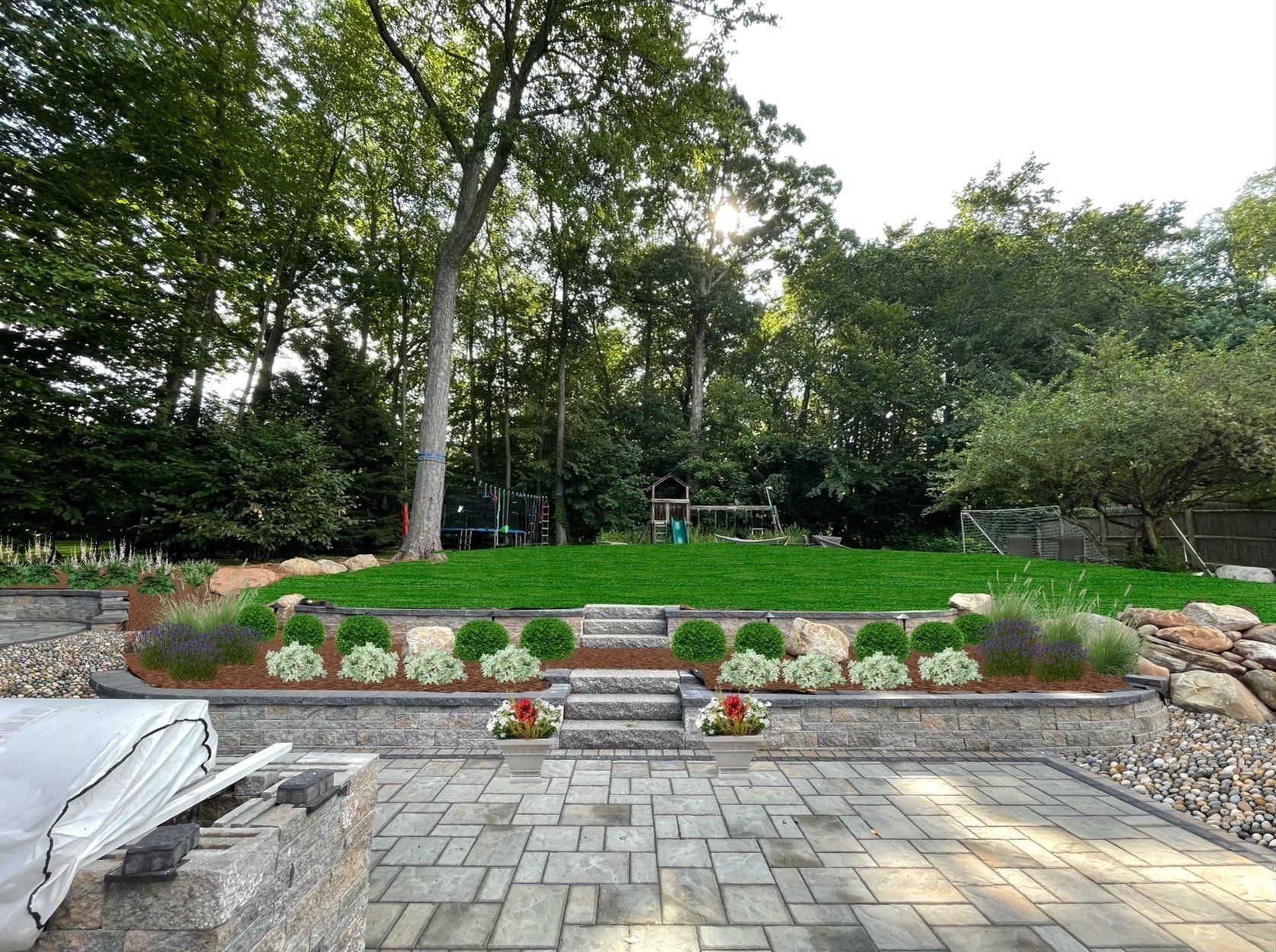 Landscape Design with Mulch and River Rocks in West Hartford, Connecticut Landscape Solutions, Boxwoods, Lavender, ornamental grass