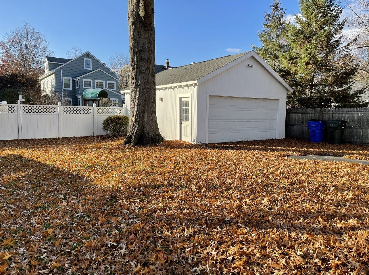 West Hartford backyard covered in leaves from oak tree