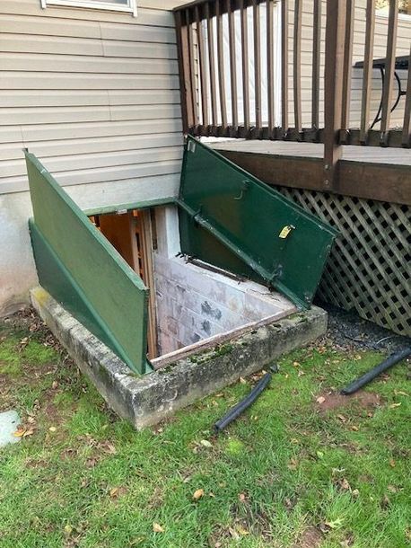 A green shed is sitting in the grass next to a house.