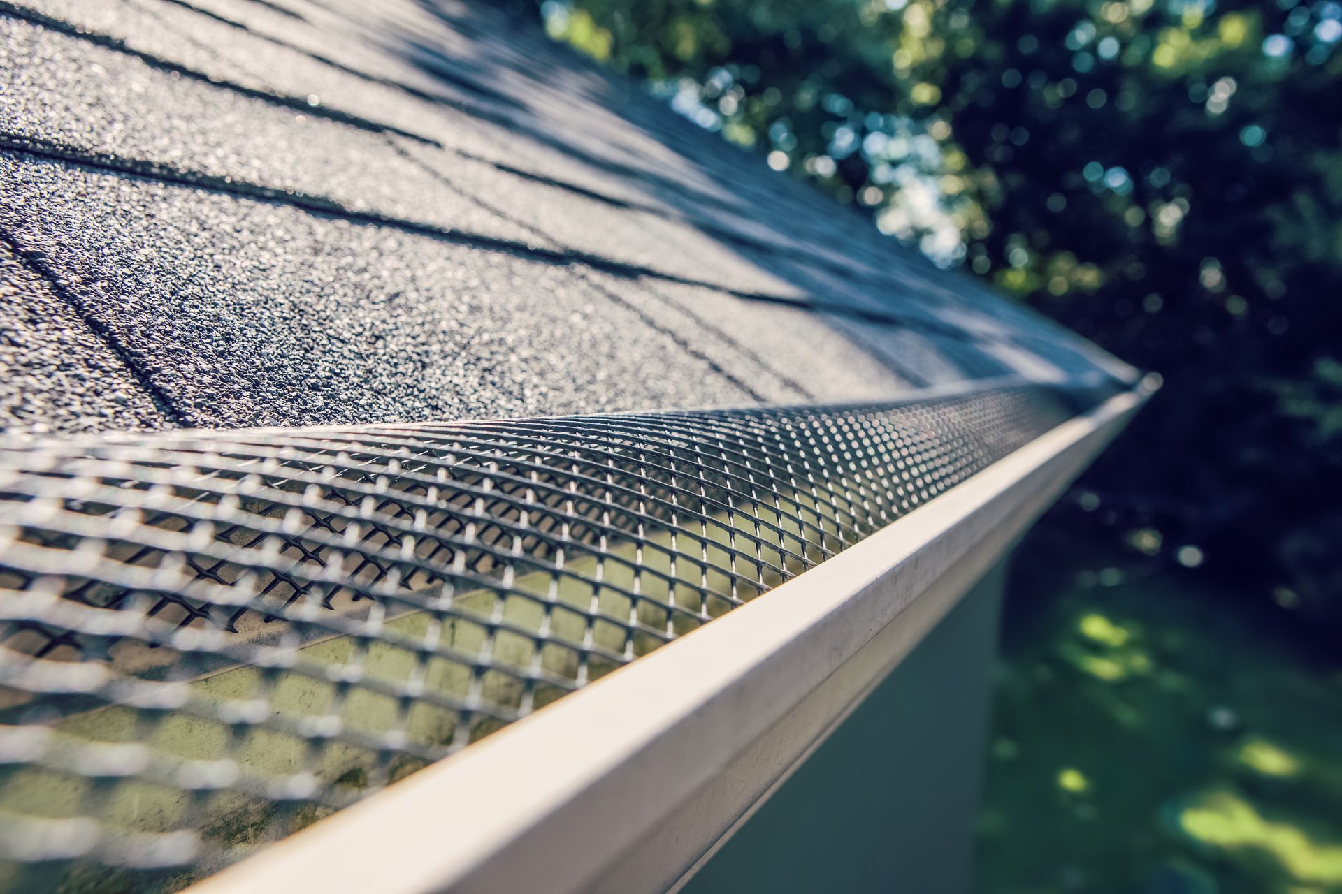 Close-up of a roof edge with a metal gutter guard under bright sunlight, against a blurred green yard.