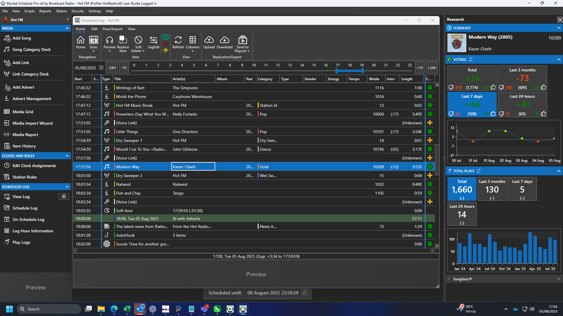 Myriad Schedule Pro screen shot showing Log View with Research Panel.