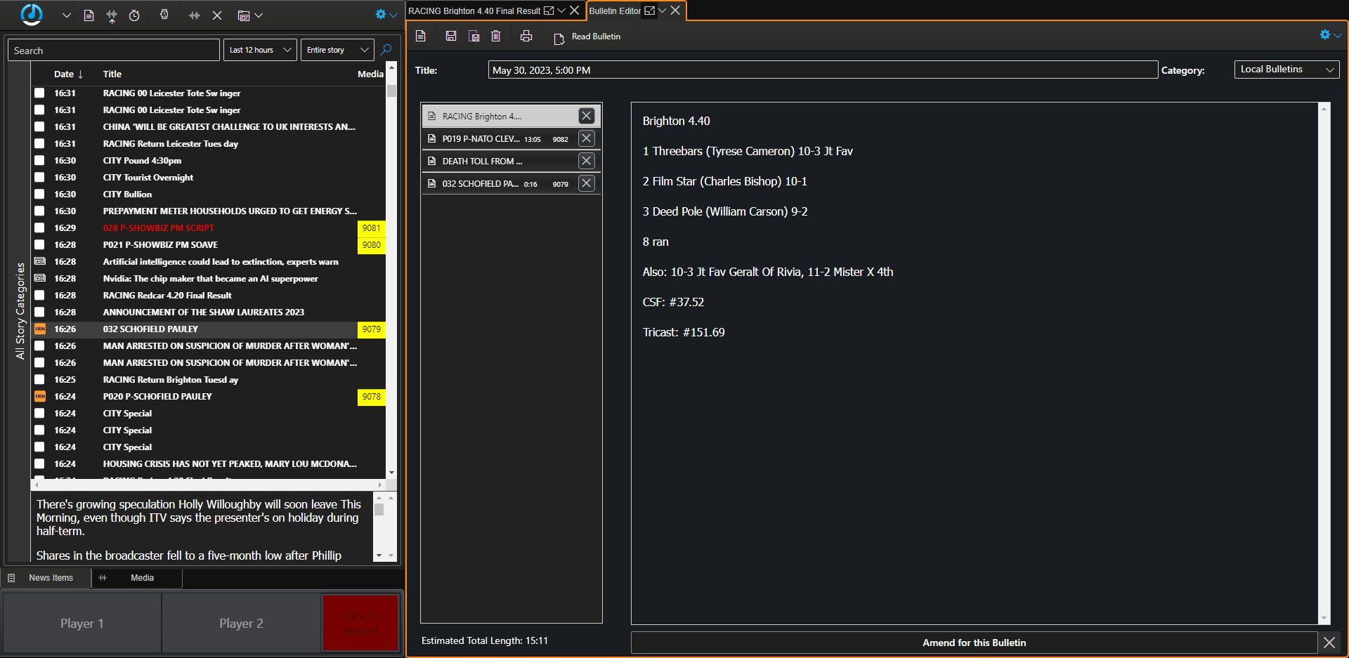 Myriad News screen shot showing bulletin builder