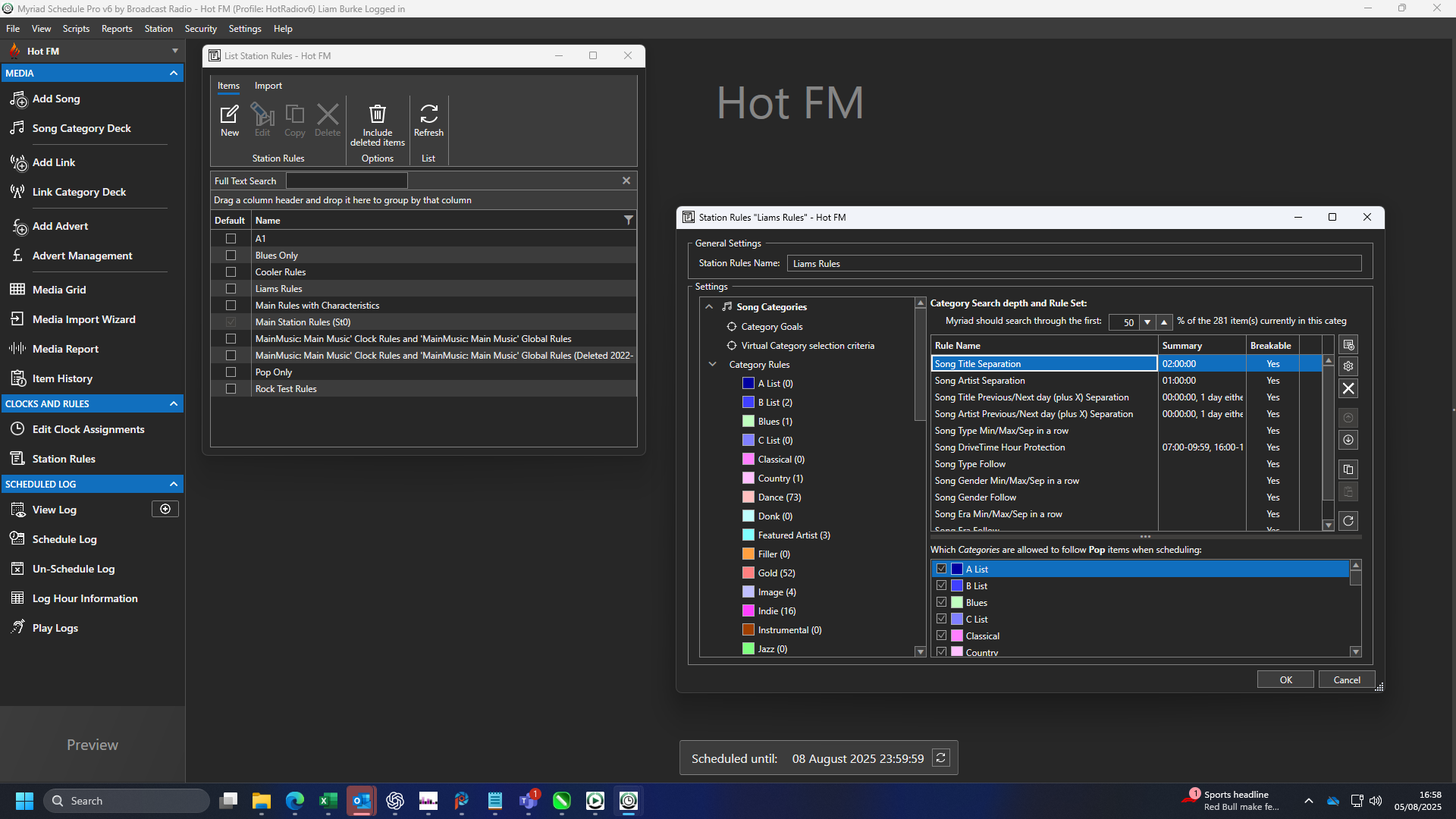 Myriad Schedule Pro screen shot showing a Station Rules Set.