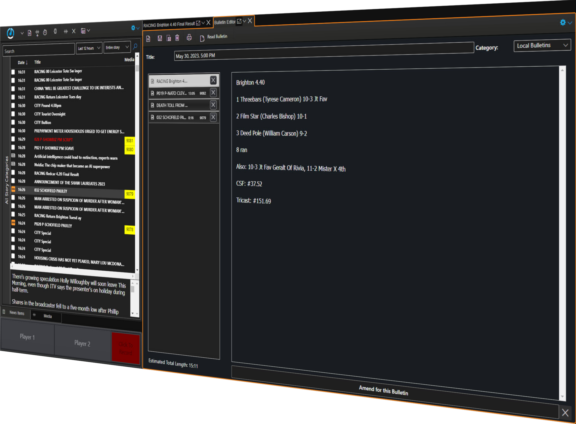 Myriad News screen shot showing bulletin builder mode.