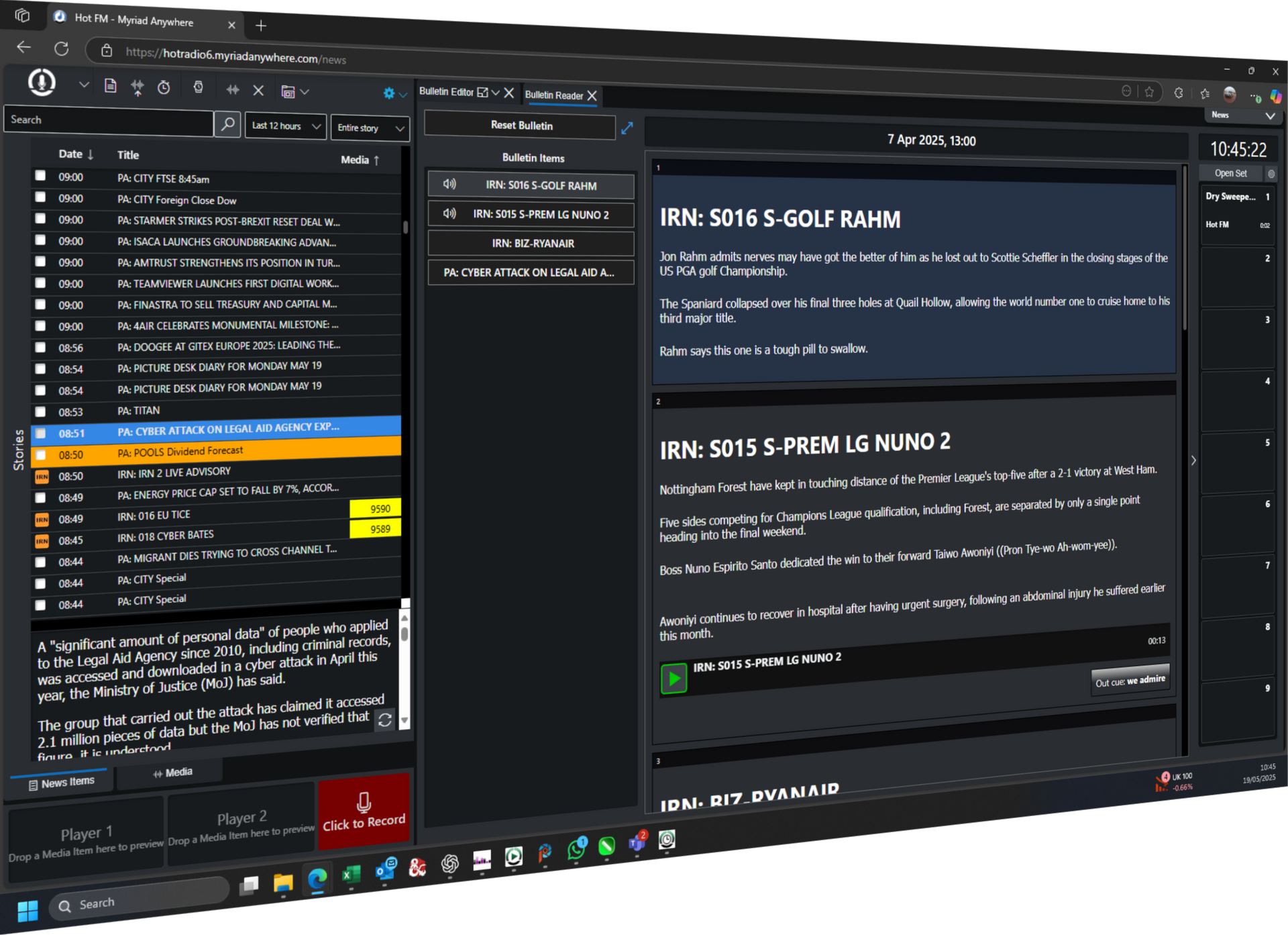 Myriad News screen shot with bulletin reader open.