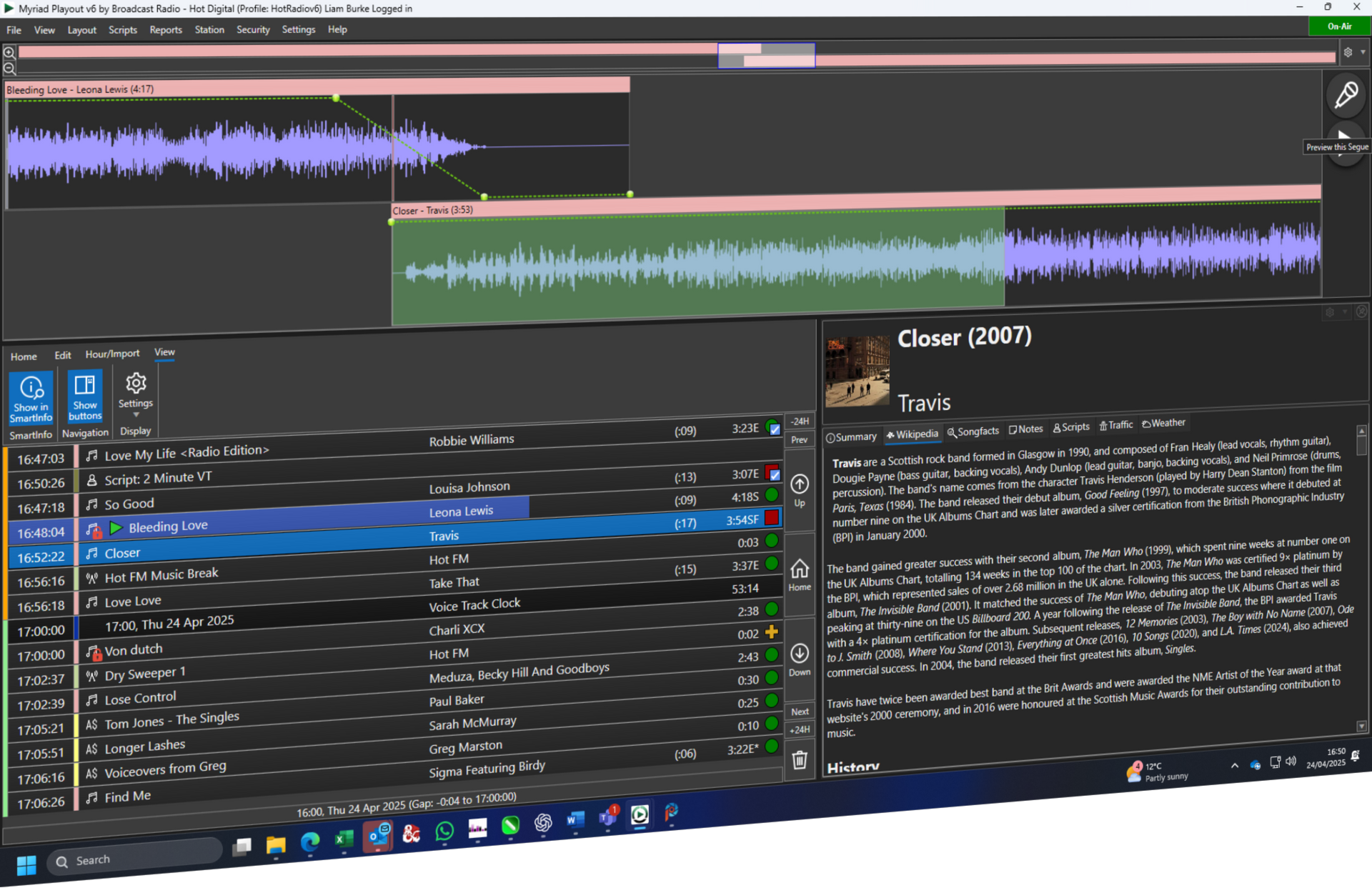 Screen shot of Myriad Radio Automation with Voice Tracking active