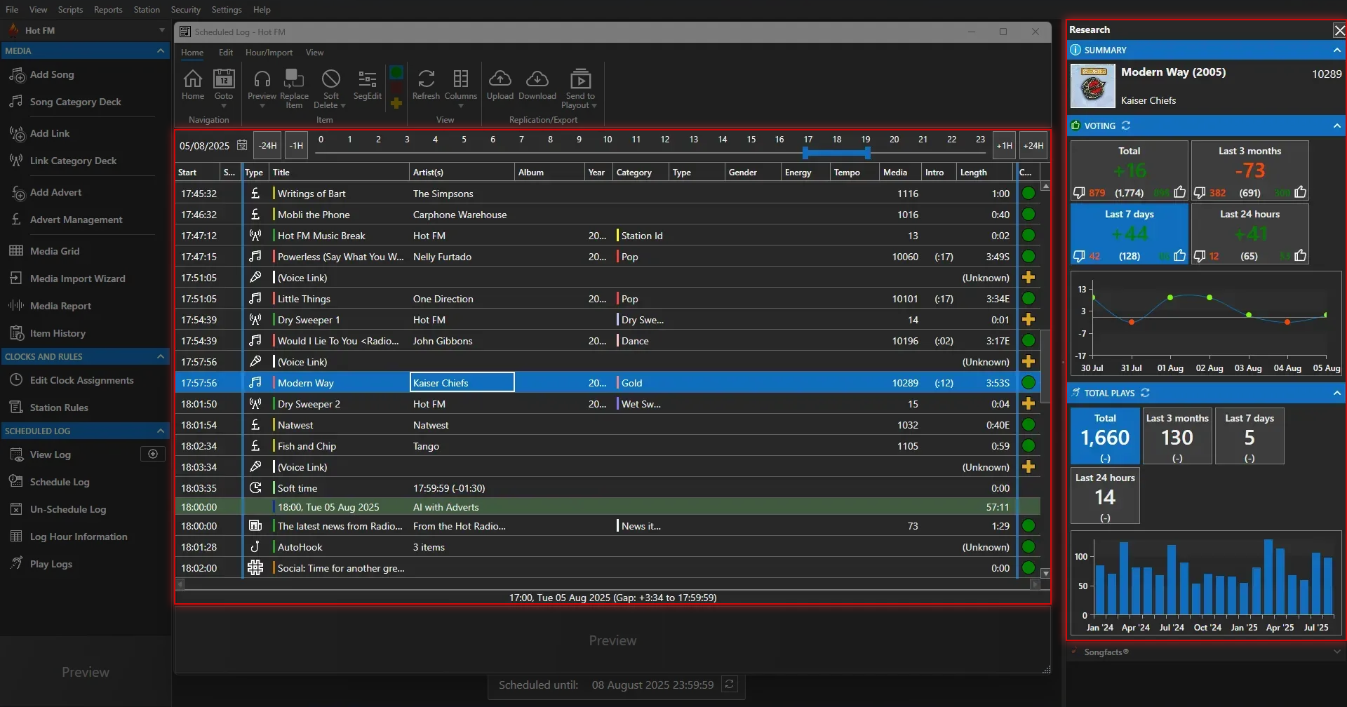 Myriad Schedule Pro advanced Log view with Research pane open.
