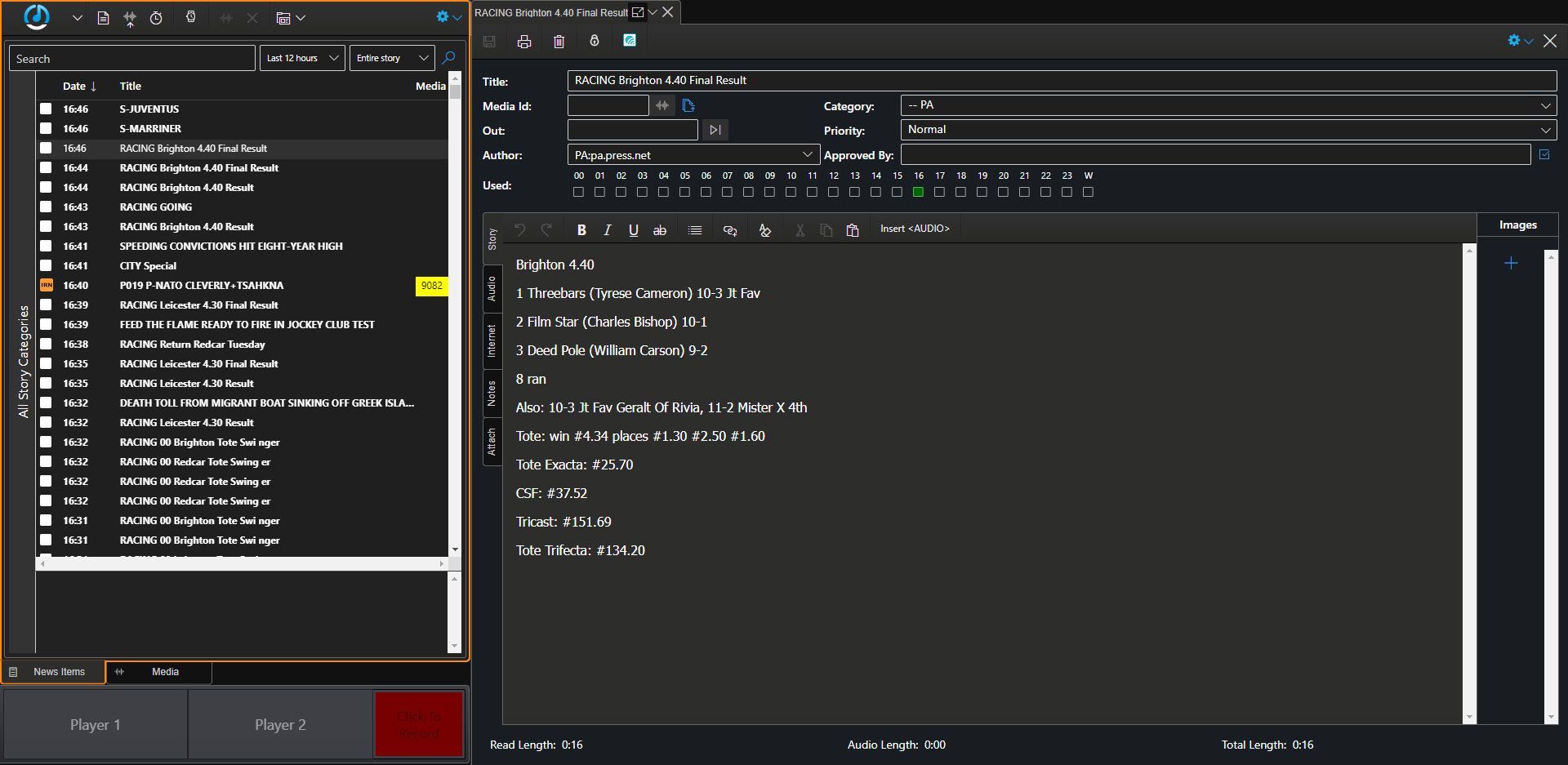 Myriad News screen shot showing an open story.