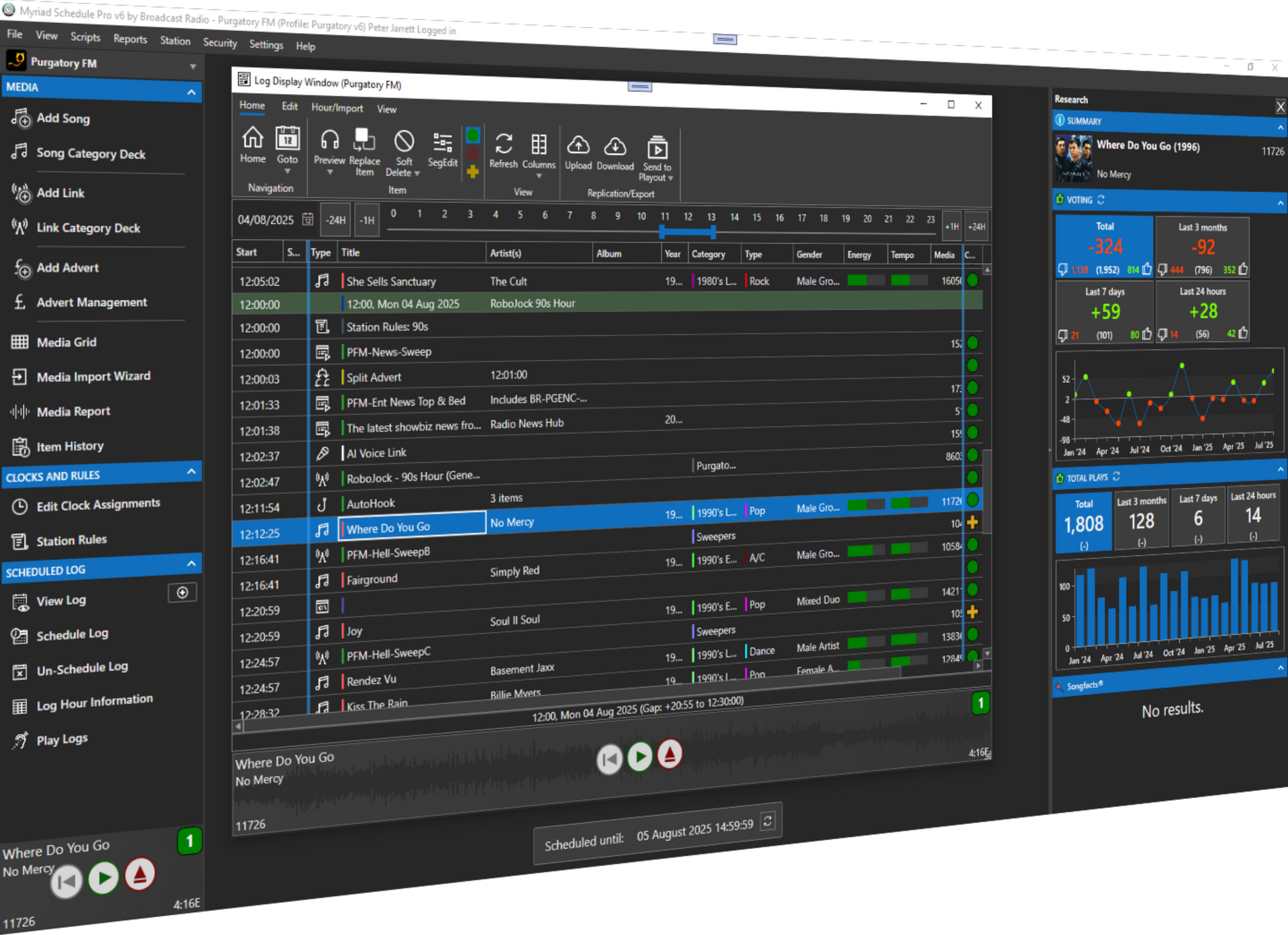 Myriad Schedule Pro screen shot showing the advanced Log View and research panels.