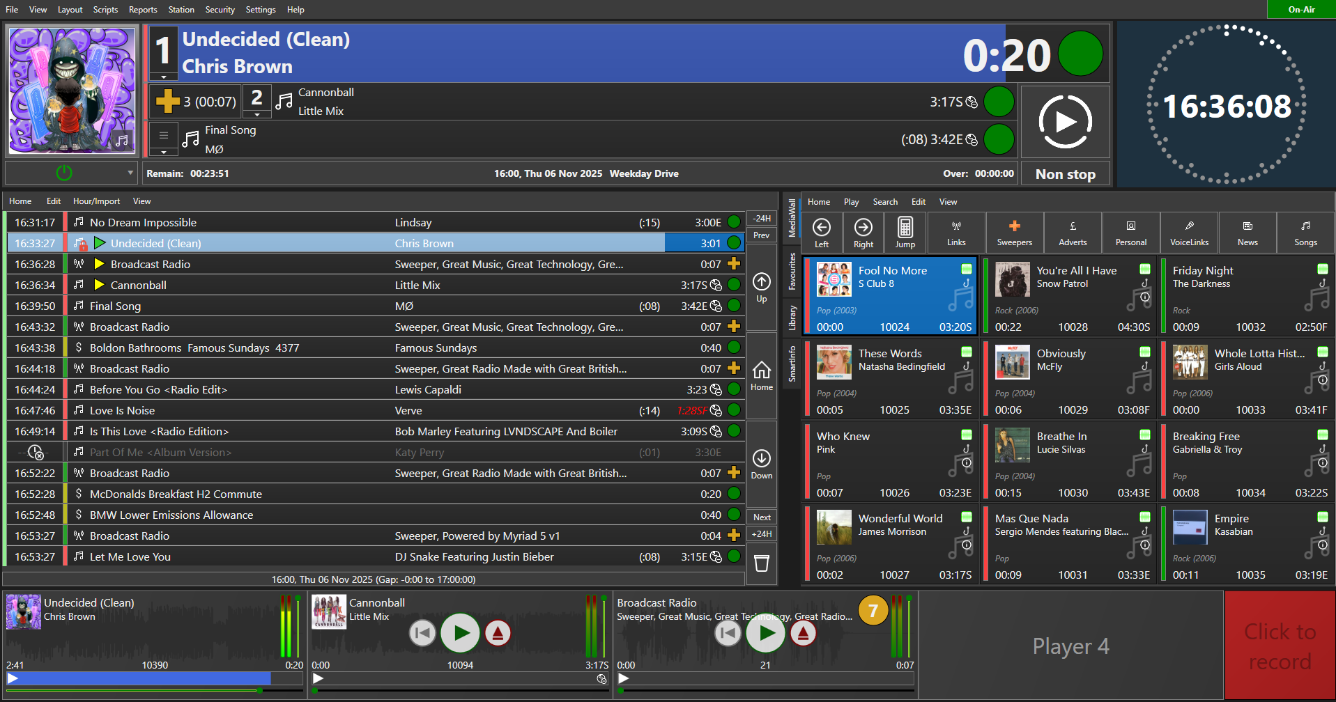 Screen shot of Myriad Radio Automation with the Log and Media Wall visible.