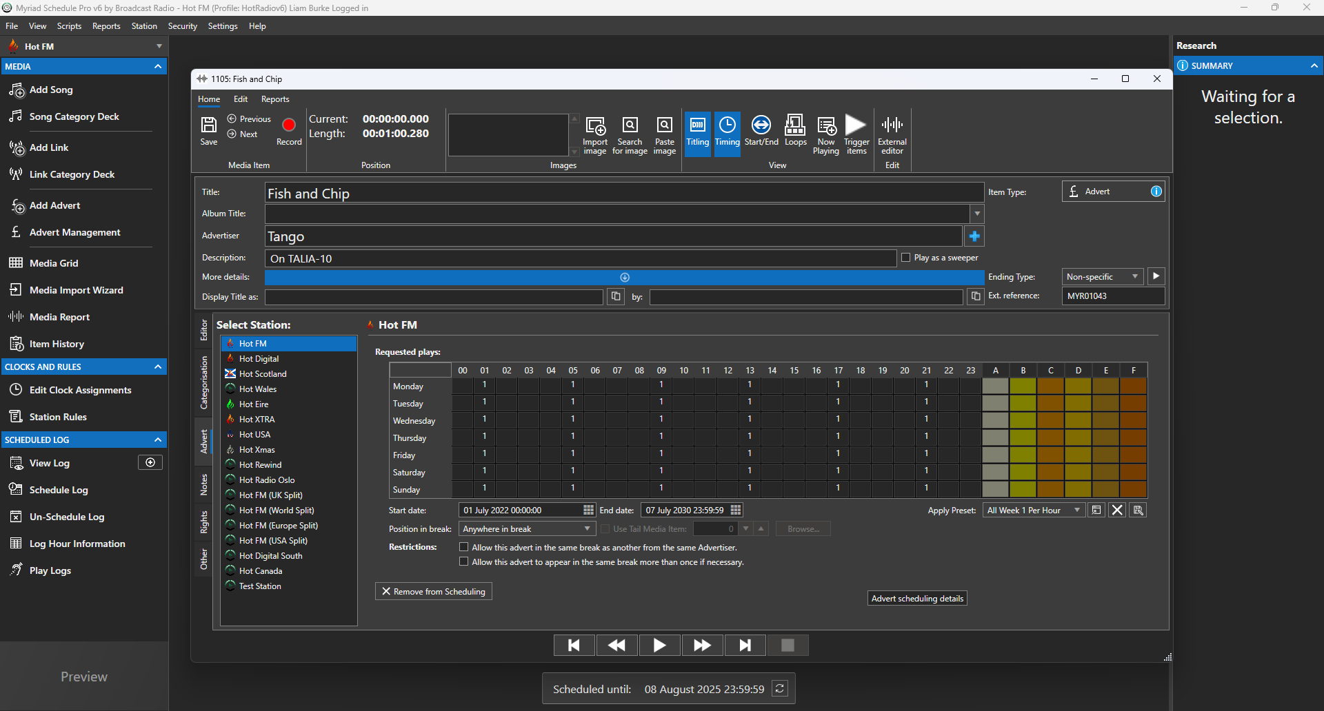 Myriad Schedule Pro screen shot showing advert/spot item.