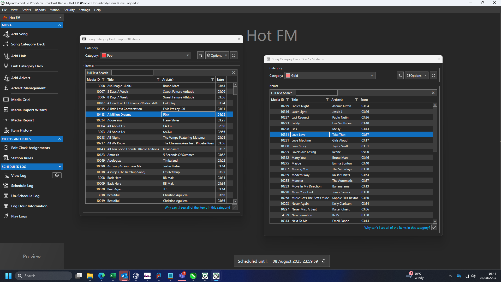 Myriad Schedule Pro screen shot showing multiple Category Deck Viewers.