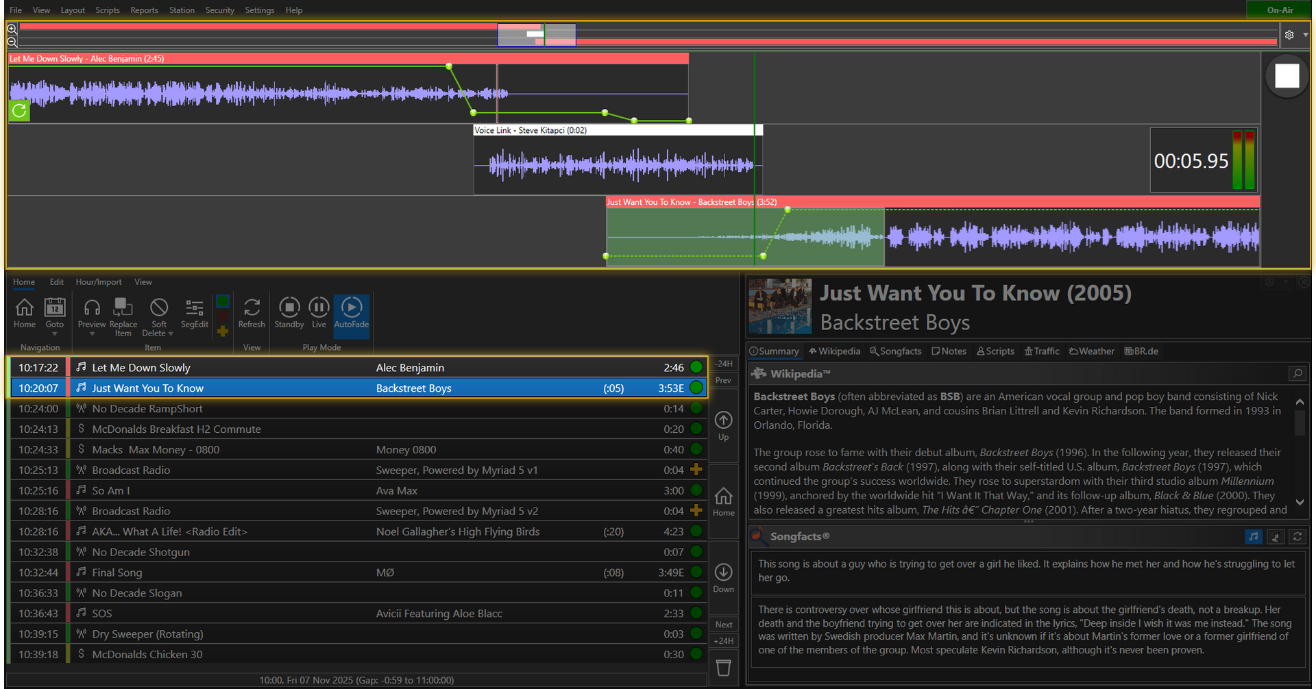 Screen shot of Myriad Radio Automation being used to Voice Track

