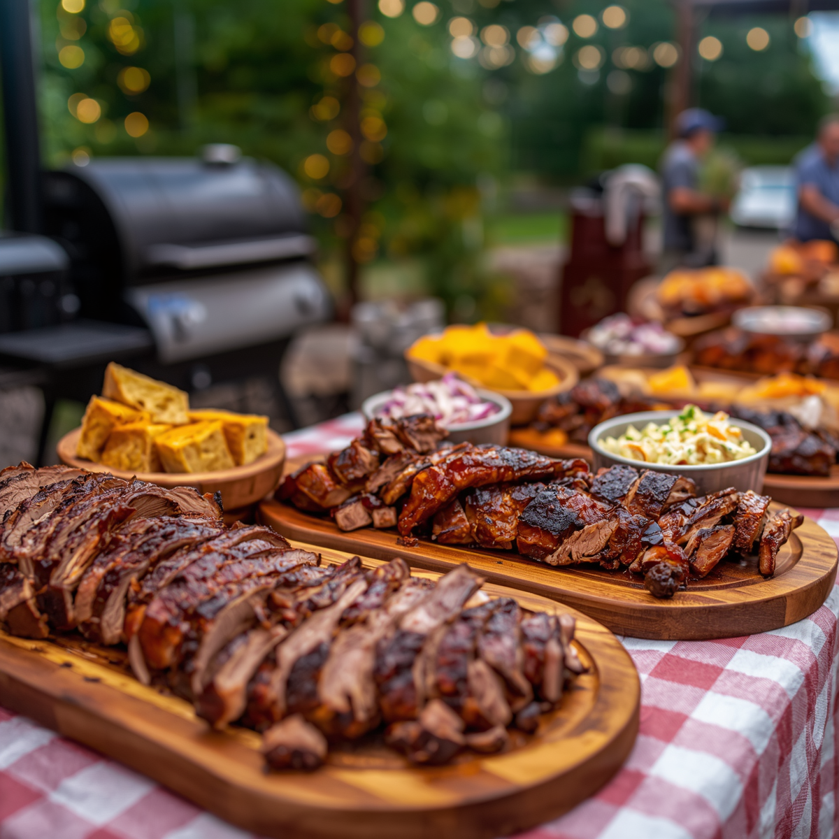 Barbecue spread with ribs, sliced meat, cornbread, and sides on a picnic table outdoors