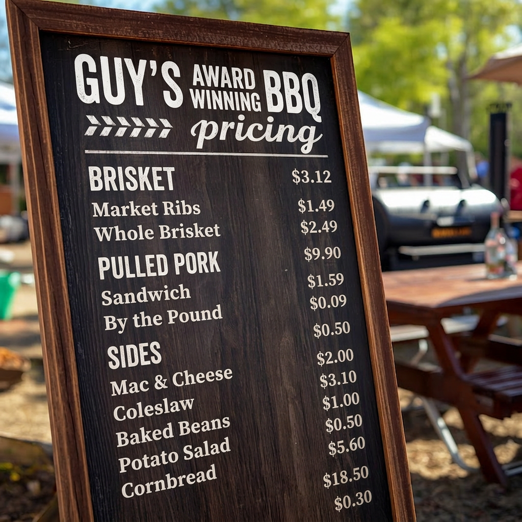 Guy's Award Winning BBQ menu board with prices outdoors near picnic tables