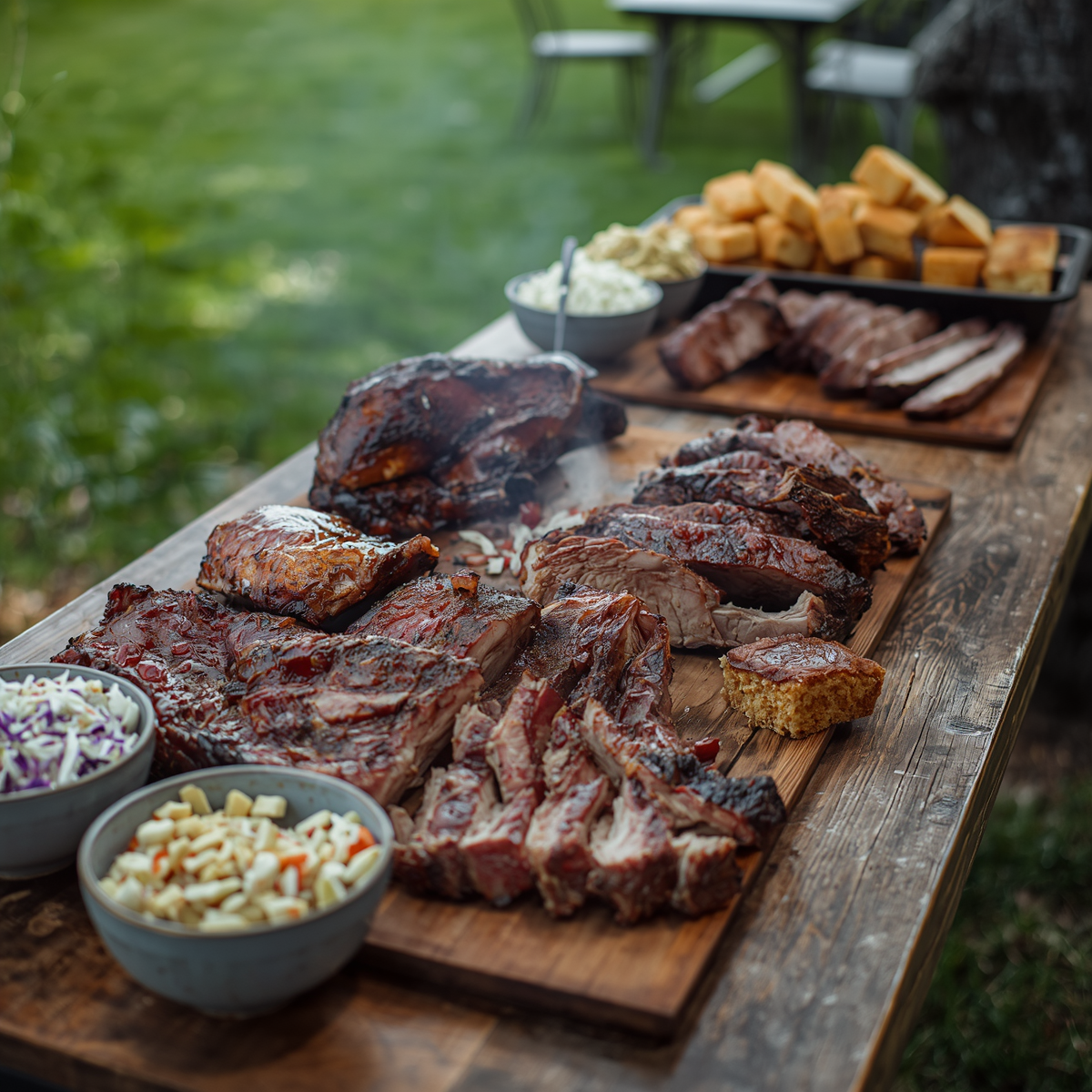 Grilled meats and sides arranged on wooden boards at an outdoor barbecue table