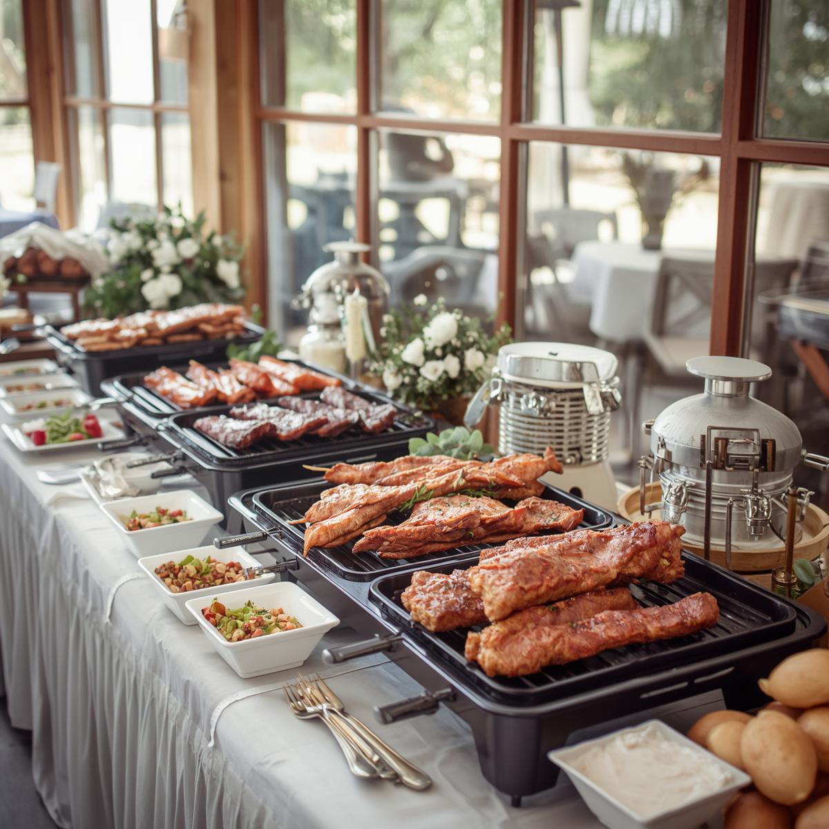 Buffet table with grilled meat trays, salads, rolls, and beverage dispensers in a bright dining room