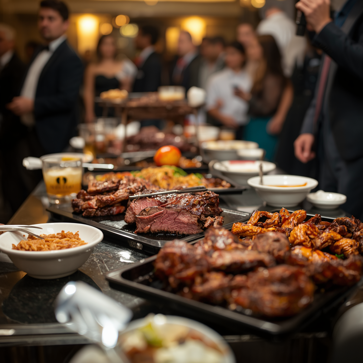 Buffet table with grilled meats and side dishes at a lively indoor event