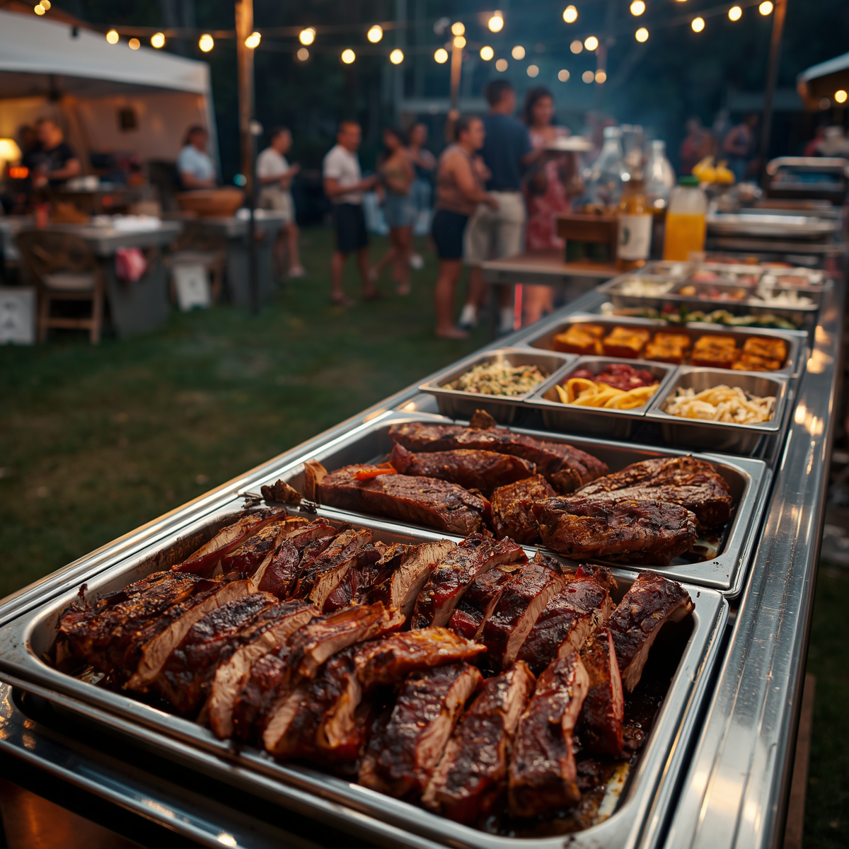 Outdoor buffet table with grilled meats and side dishes at a warmly lit evening gathering