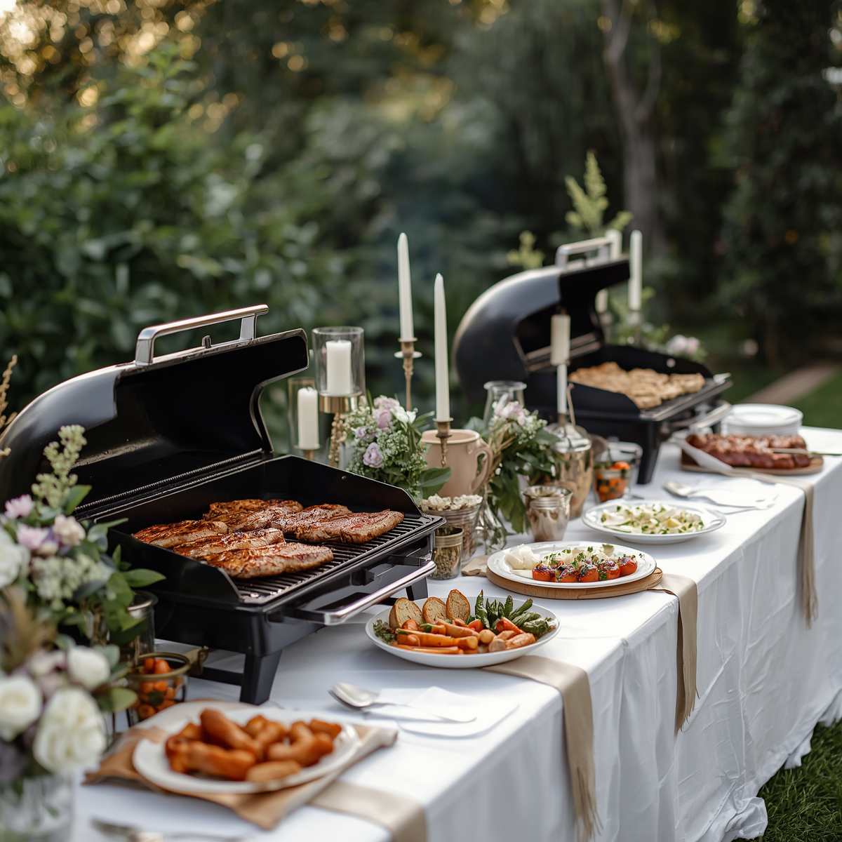 Outdoor buffet table with grilled food, salads, and serving trays at a garden event