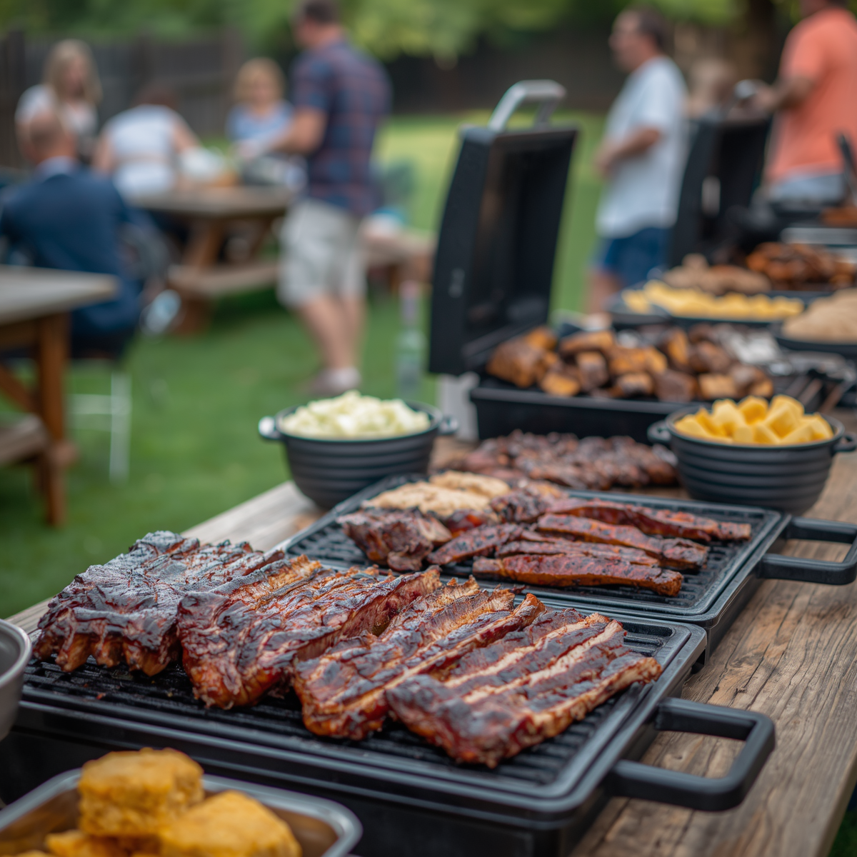 Backyard barbecue with ribs, sausages, corn, and sides on grills and a table, with people blurred in the background