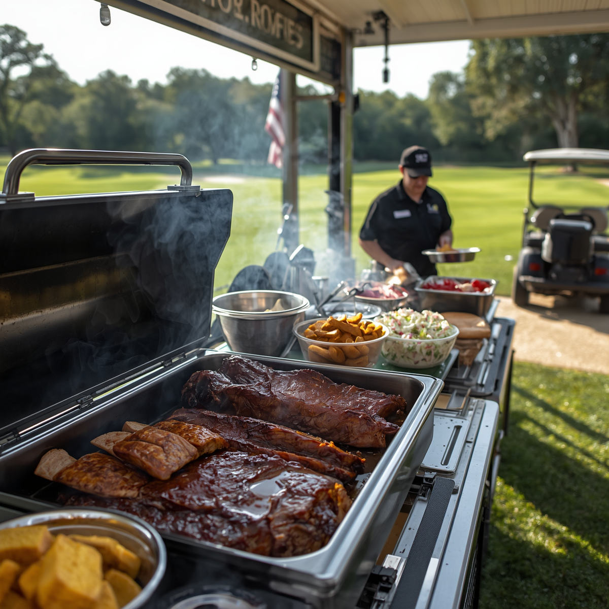 Smoky outdoor grill loaded with ribs, burgers, and sides at a picnic cookout near a golf course