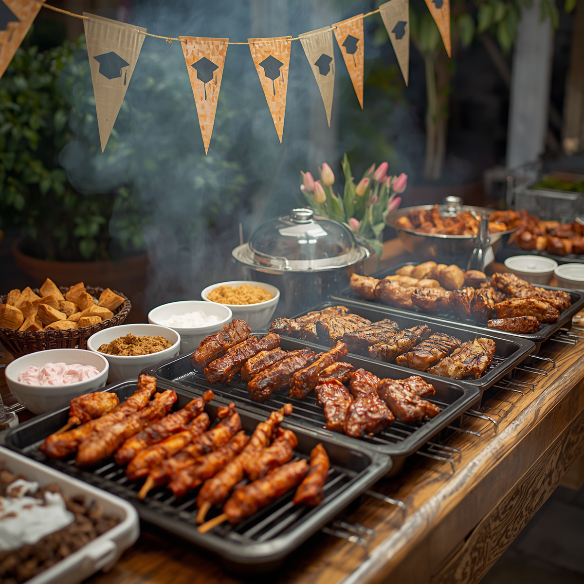 Outdoor barbecue buffet with grilled meats, skewers, and side dishes on a decorated table