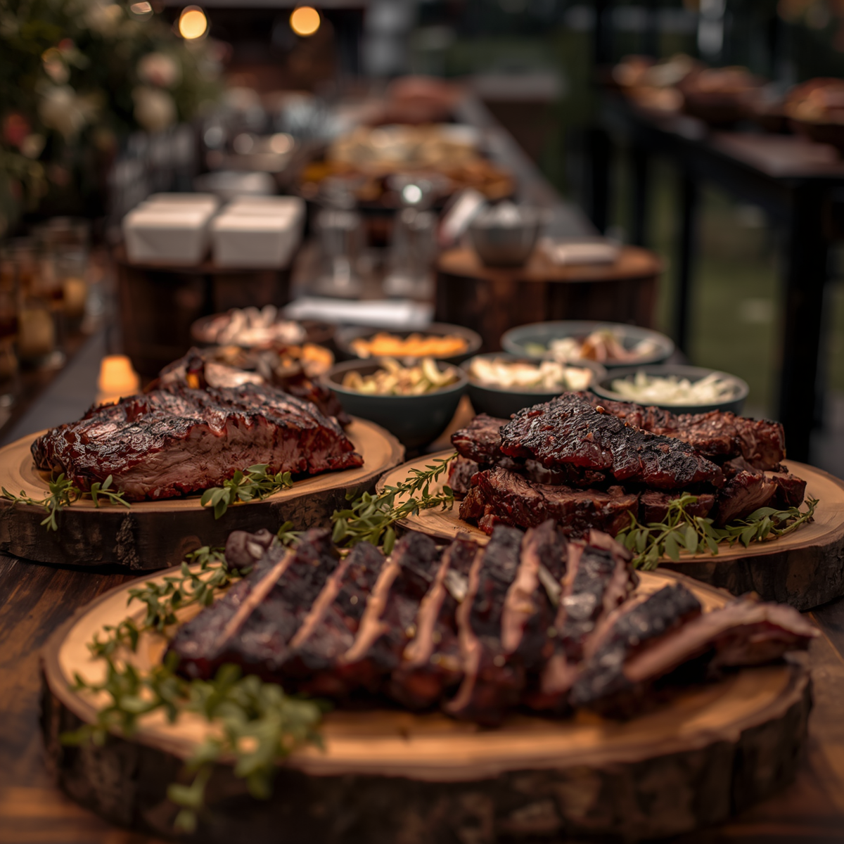 Grilled steaks on wooden boards at a rustic dining table, with bowls of sides in the background