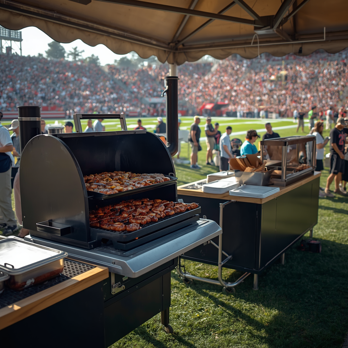 Grill and food station under a tent at a crowded outdoor sports stadium