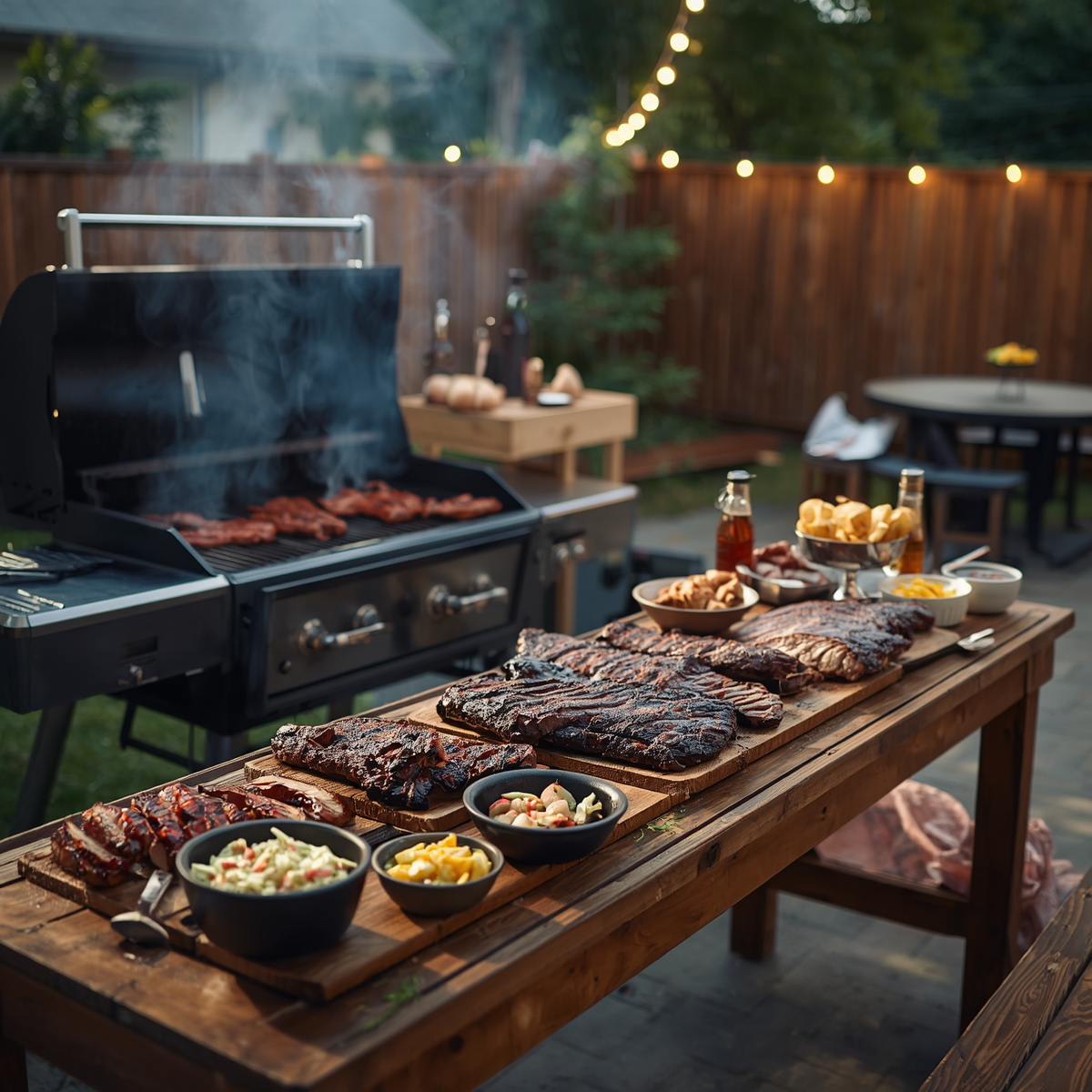 Outdoor backyard barbecue with grilled steaks, side dishes, and a smoking grill on a wooden table at dusk