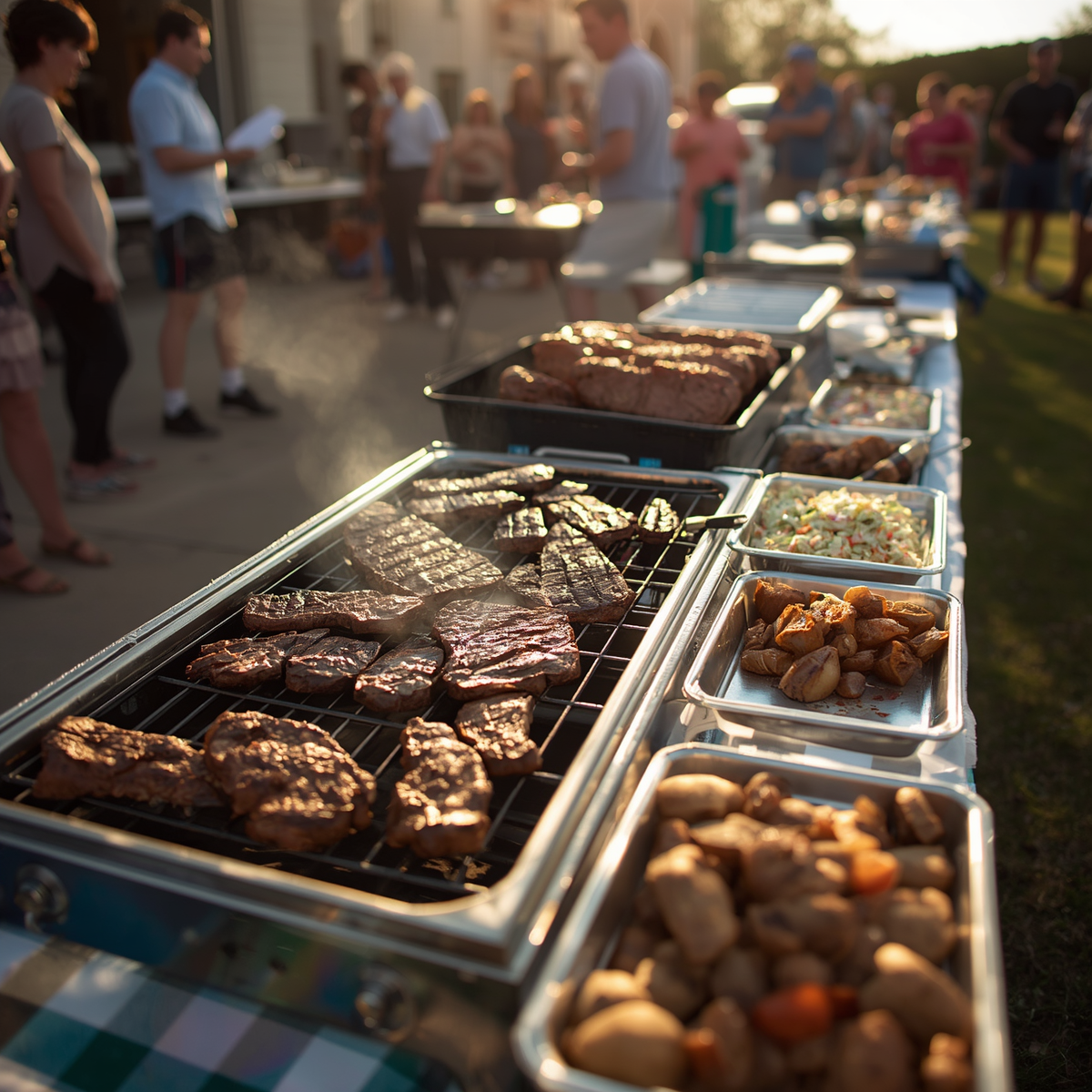 Outdoor buffet table with grilled burgers, baked potatoes, and other food at a sunny gathering