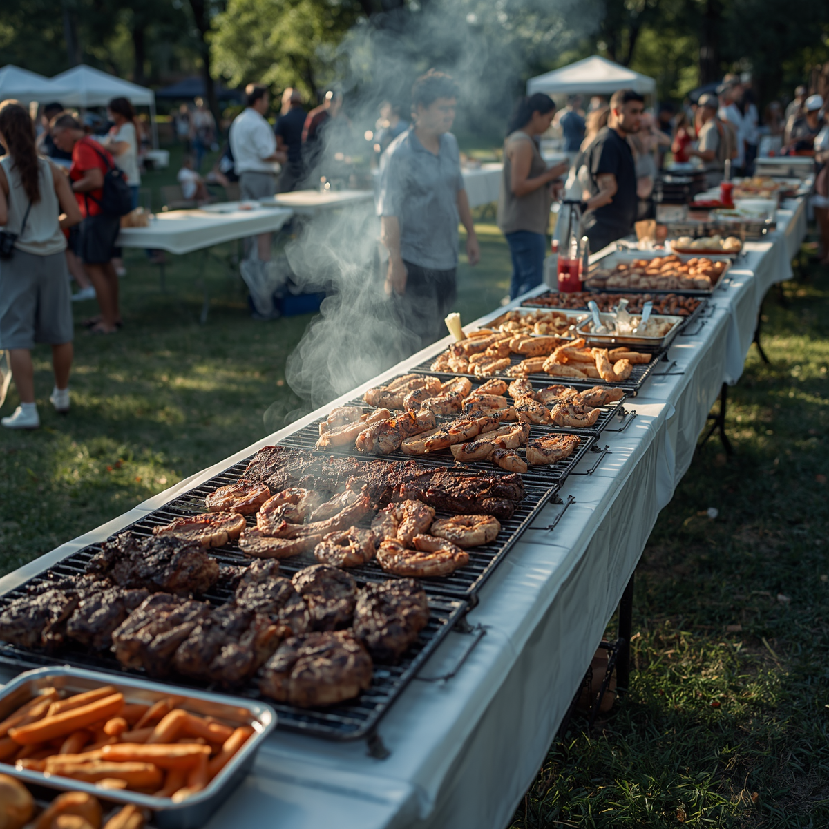 Outdoor barbecue buffet with rows of grilled meat and sausages, smoke rising at a picnic event