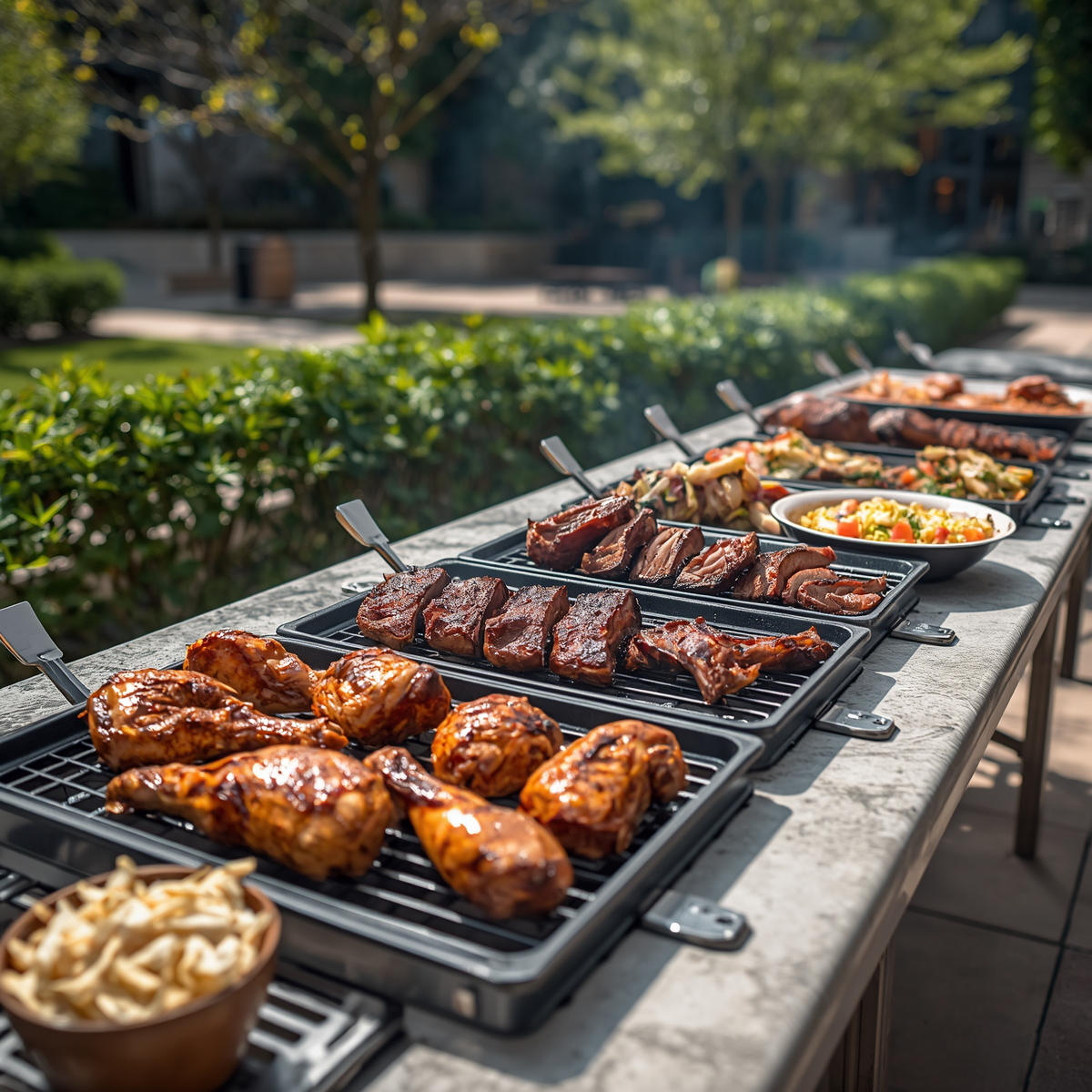 Assorted grilled meats and skewers served on trays outdoors at a backyard barbecue table
