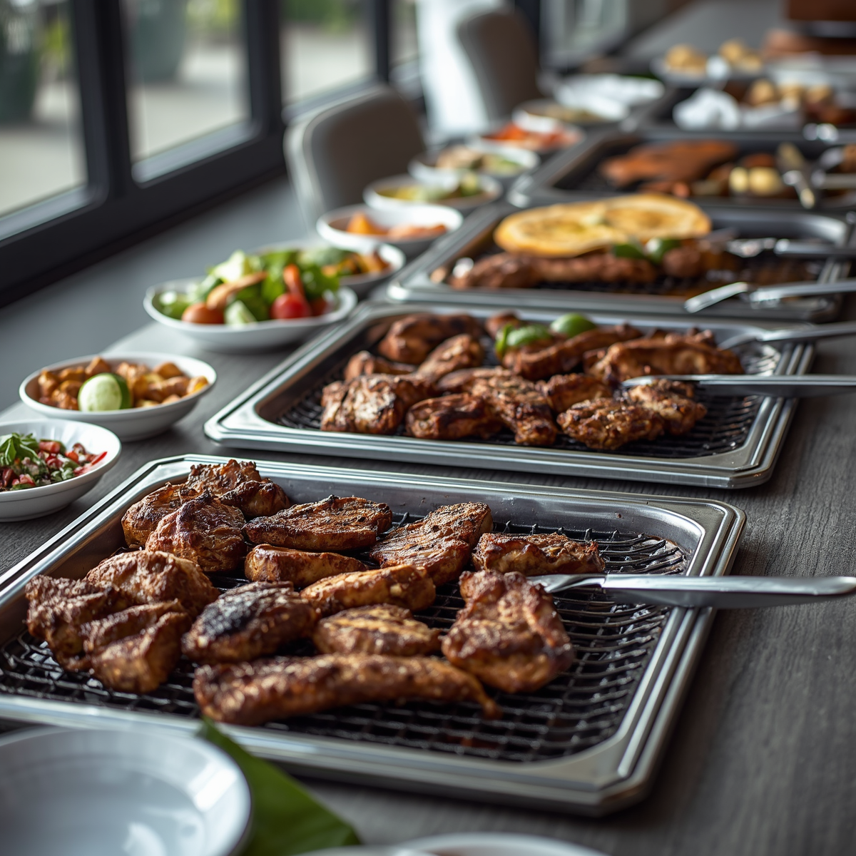 Buffet table with trays of grilled meats and salads by a window, ready for serving