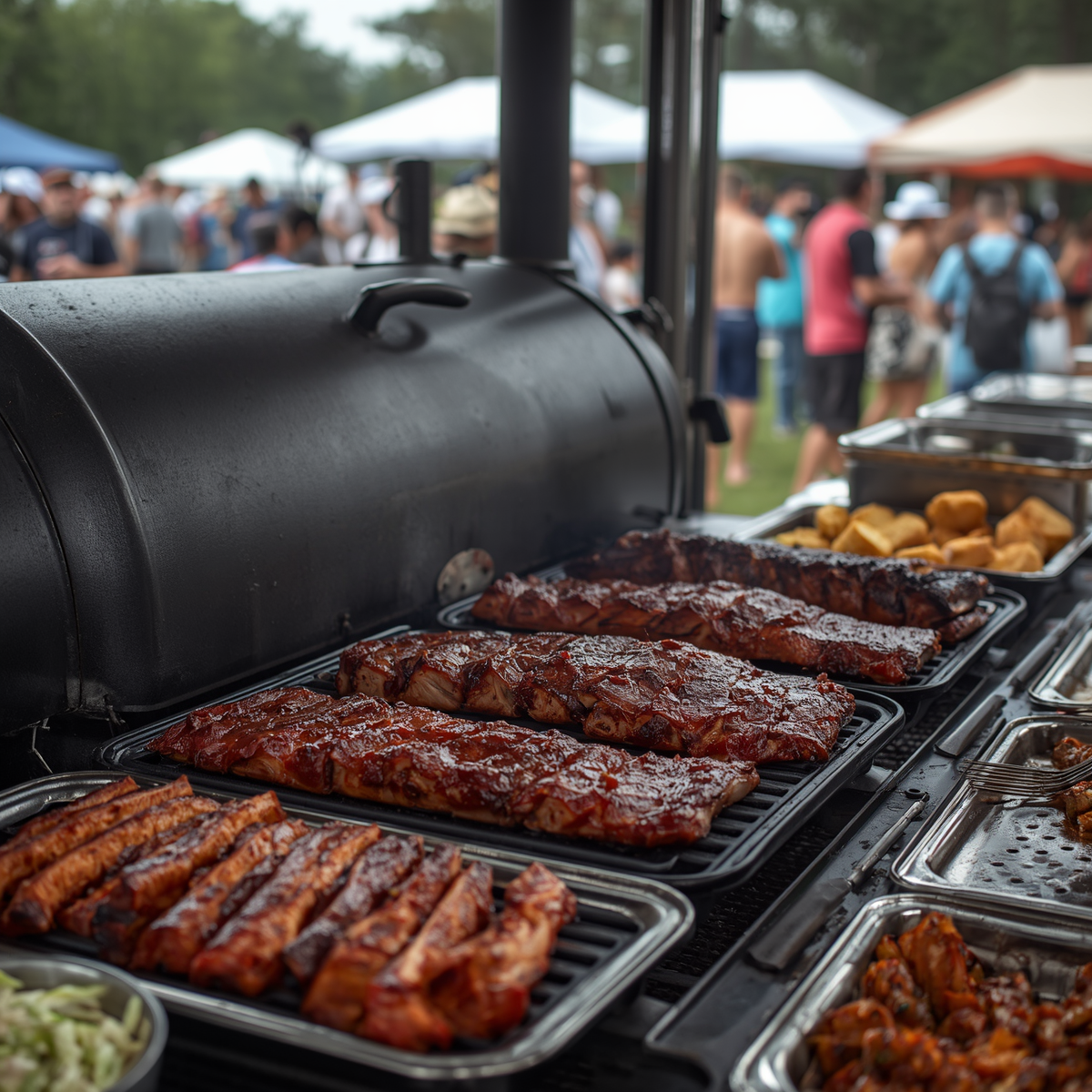 Barbecue grill with racks of glazed ribs and sausages at an outdoor food festival