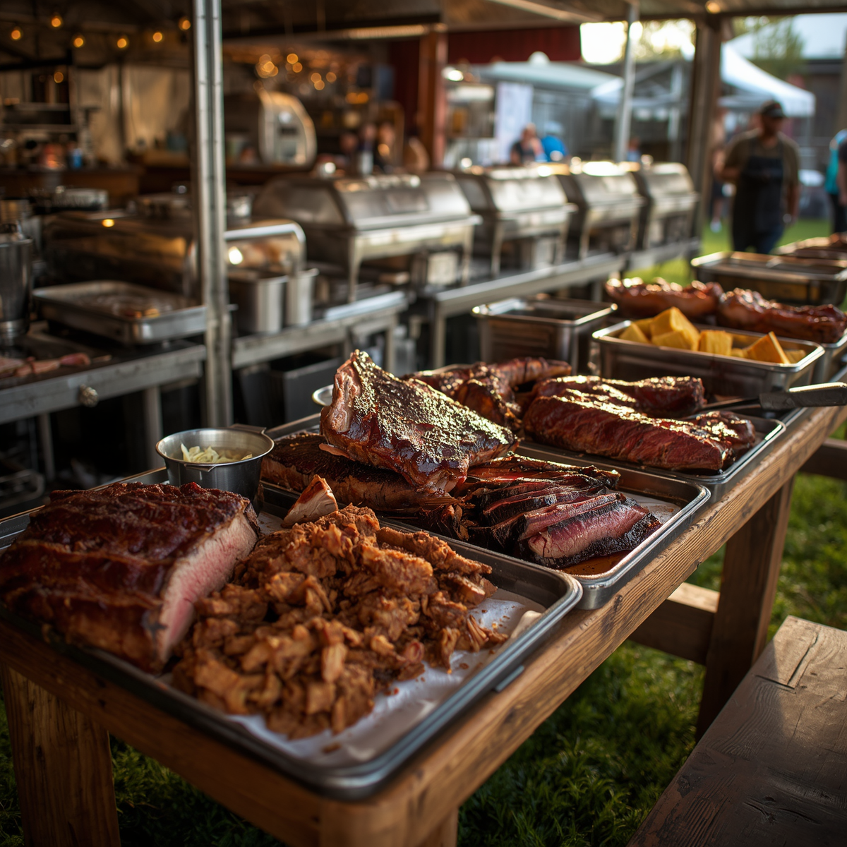 Trays of smoked ribs and pulled pork on a buffet table at an outdoor barbecue event