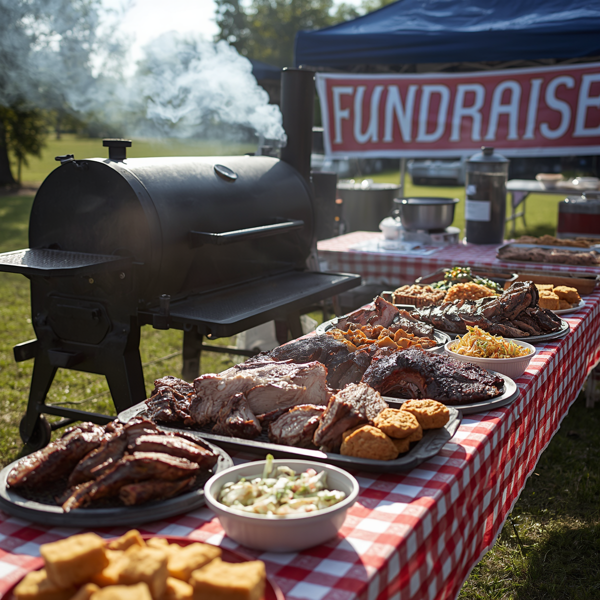 Outdoor barbecue fundraiser with smoked meats on a checkered table beside a grill and “FUNDRAISE” sign