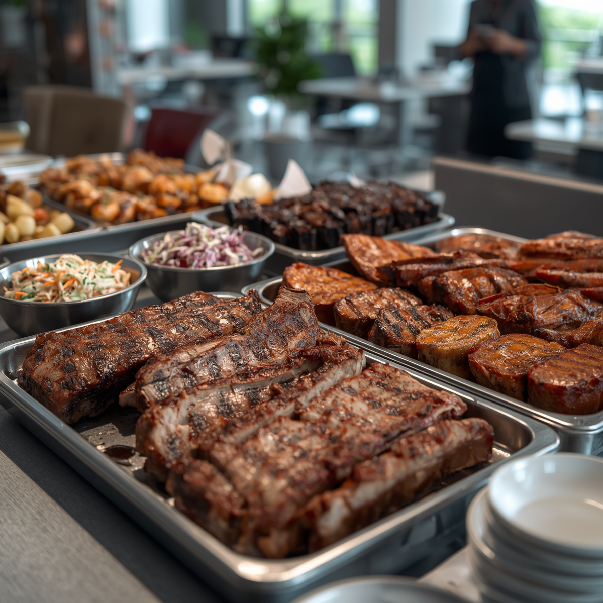 Buffet tray with grilled steaks, sausages, chicken, salads, and side dishes on a serving table